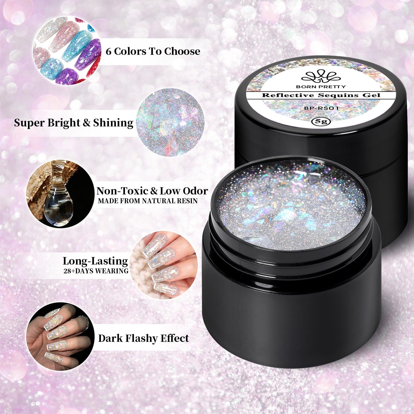 6 Colors Reflective Sequins Gel Polish 5g - Long Lasting Nail Art Gel for Manicure & Pedicure - Perfect for Parties, Weddings, and Special Occasions