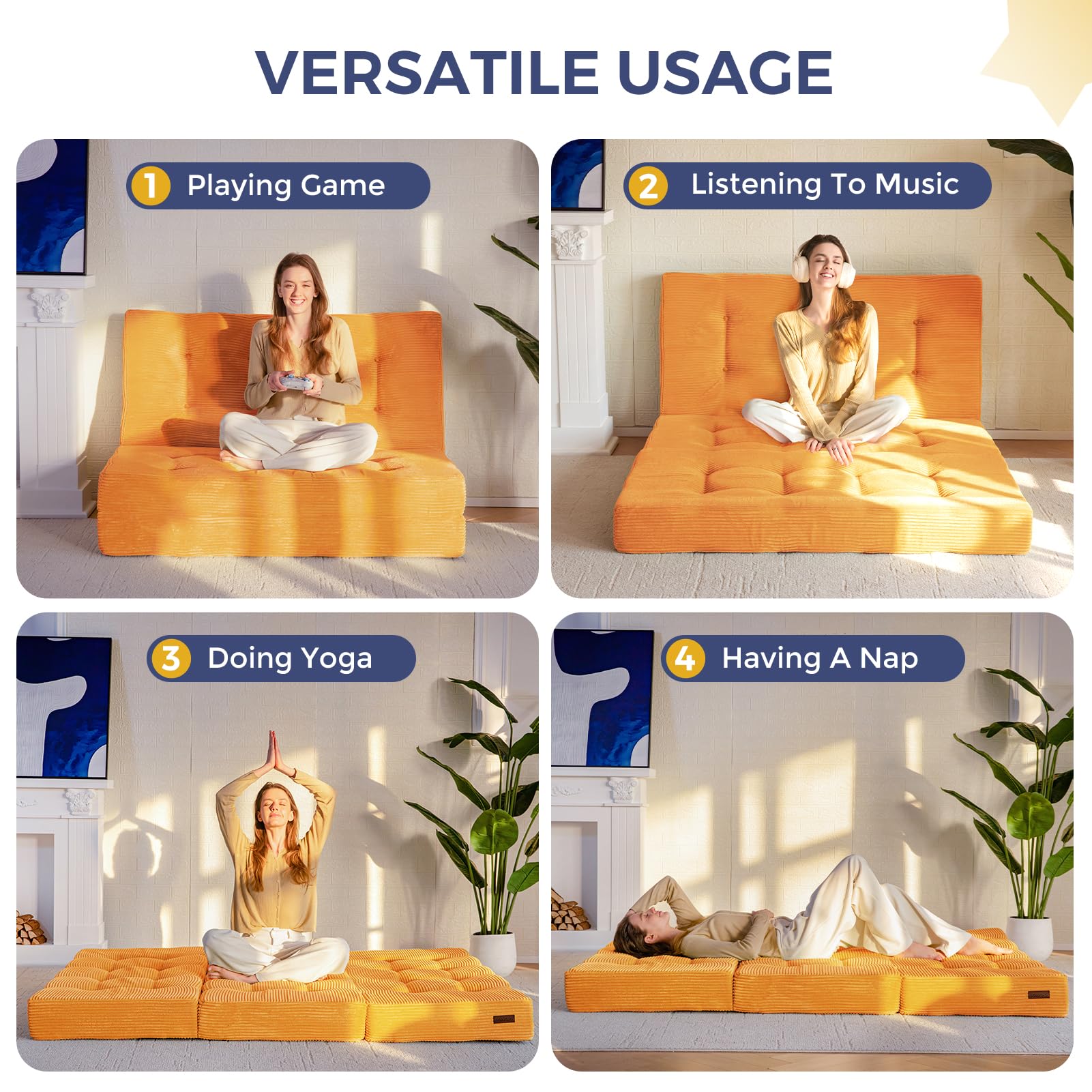 6 Inch Tri Fold Mattress - MAXYOYO Tufted Folding Foam Bed with Breathable Corded Fabric, Full Size, Orange | Perfect for Guest Beds, Camping, Dorms & Small Spaces