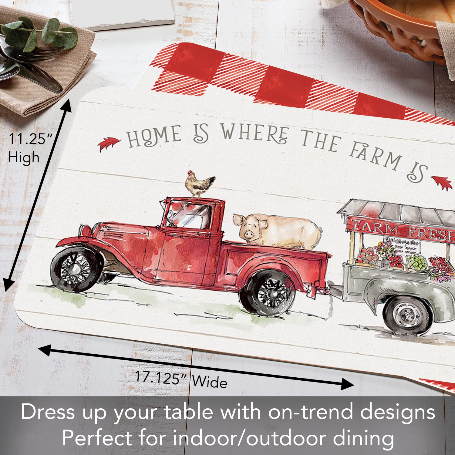 CounterArt Country Life Farm 4-Pack Reversible Plastic Placemats | BPA-Free, Easy-Clean, Made in USA | Durable & Flexible for Dining Table, Kitchen, Picnic & Outdoor Use