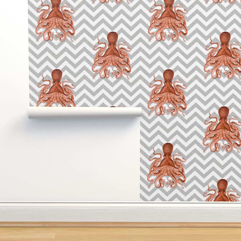 Peel & Stick Removable Wallpaper 12ft x 2ft - Coral Octopus Chevron Nautical Jellyfish Ocean Stripe Gray Beach Vintage Design | Gender Neutral Custom Wallpaper by Spoonflower | Perfect for Nursery, Bedroom, Bathroom & Office Decor
