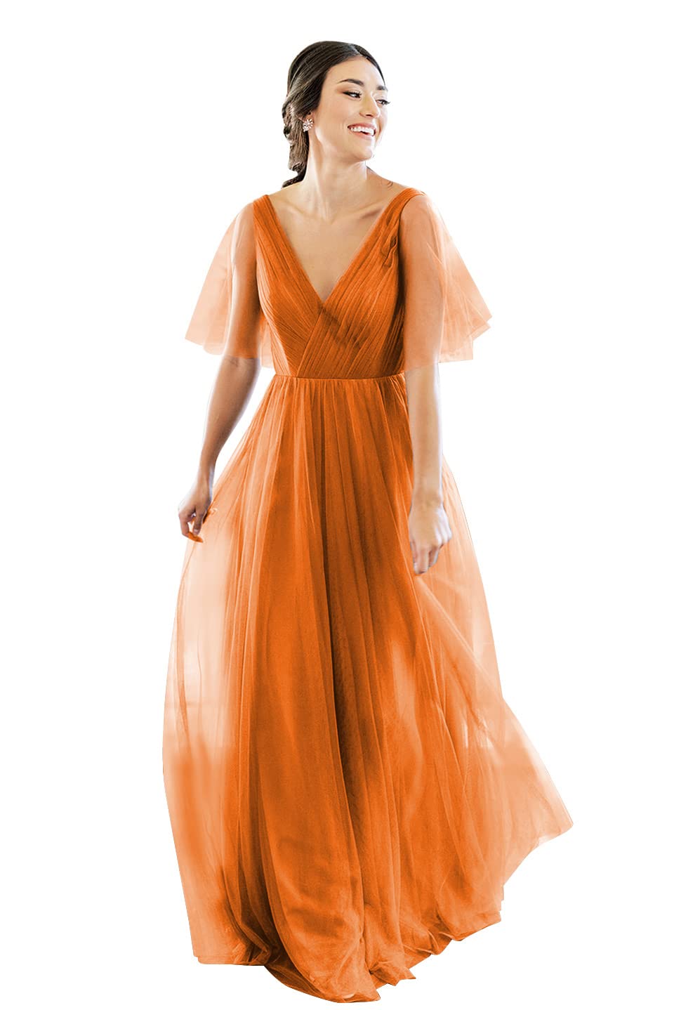 Elegant V-Neck Short Sleeve Tulle Bridesmaid Dress - Backless Long Formal Gown for Women | Perfect for Weddings, Proms, and Special Occasions