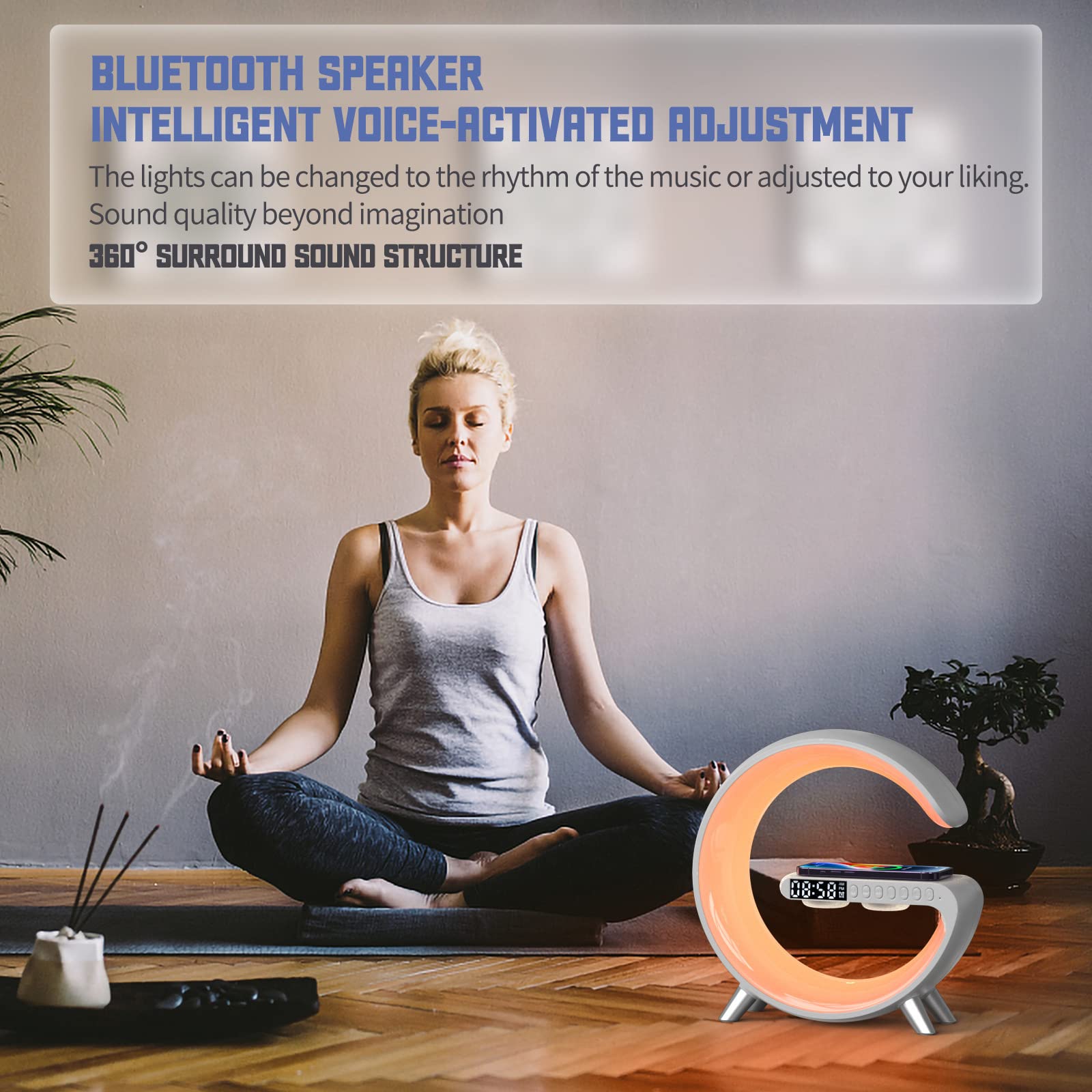 BKDRL Bluetooth Speaker Lamp with Wireless Charger - RGB Night Light, Alarm Clock, App Control - White | Perfect for Bedroom, Office & Home Decor