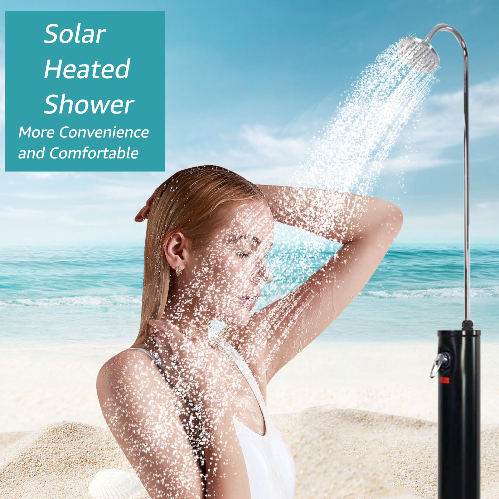 6.5 FT 5.3 Gallon Solar-Powered Outdoor Shower with Adjustable Shower Head & Foot Tap - Perfect for Pool, Backyard, Garden, Beach & Spa | Portable Hot Water Shower for Camping, RV Trips & Outdoor Adventures