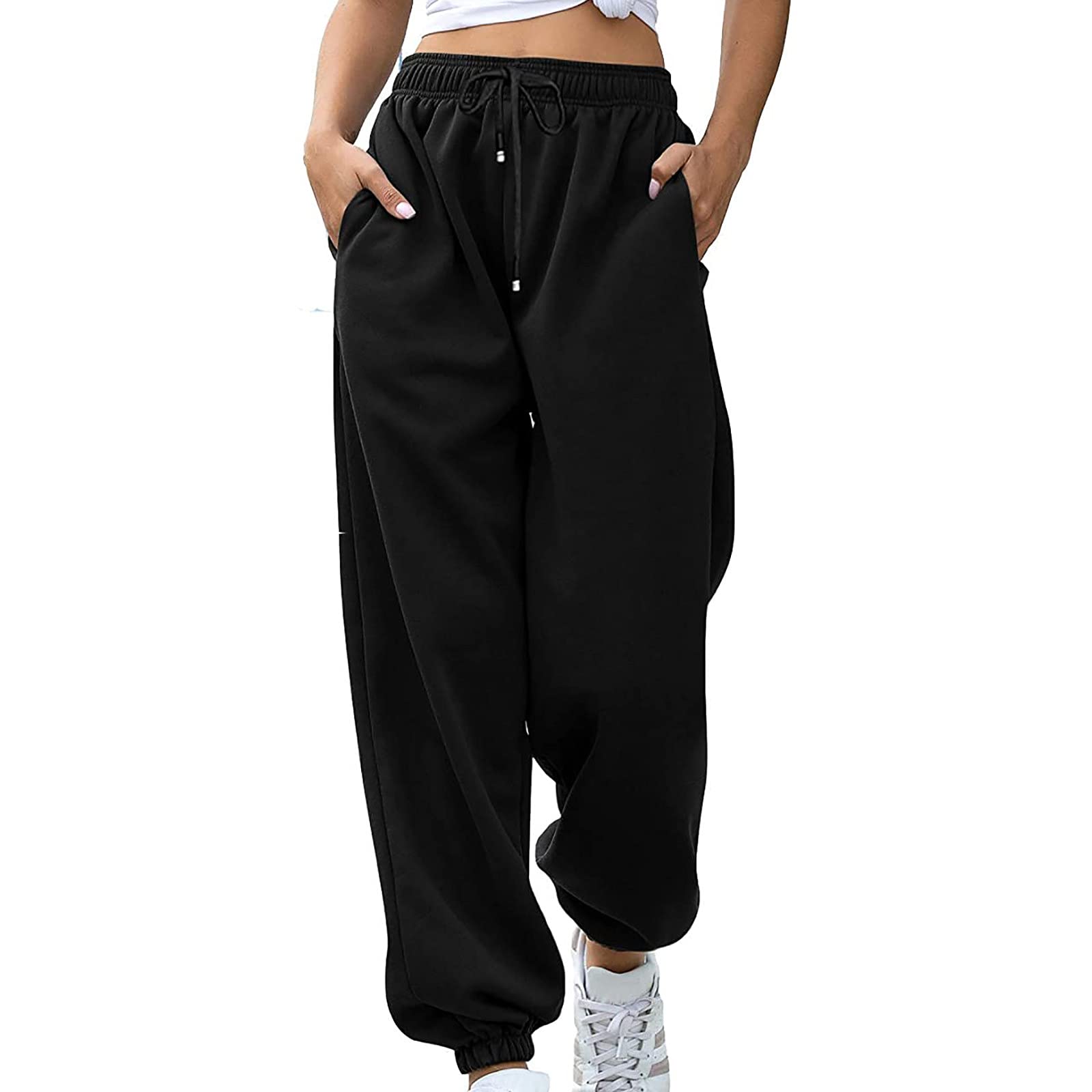 Bidobibo Women's High Waisted Sweatpants - Black Joggers with Pockets | Athletic Lounge Pants | Trendy Baggy Sweatpants for Women | Perfect for Yoga, Running & Casual Wear
