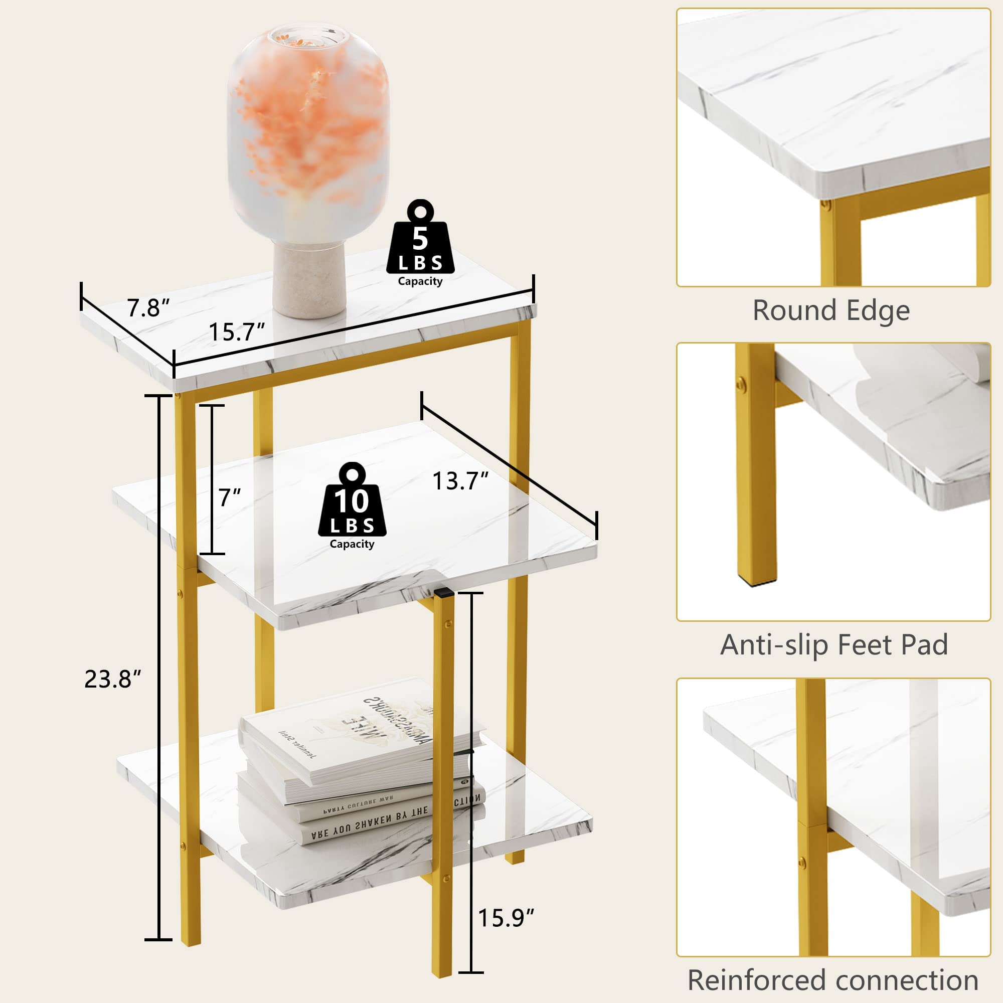 MIERES Faux Marble Coffee Table Set of 3 - Modern White & Gold Nesting Tables with Storage Shelves & Metal Frame for Living Room, Bedroom, Small Spaces | Easy Assembly | Perfect for Coffee, Books & Decor