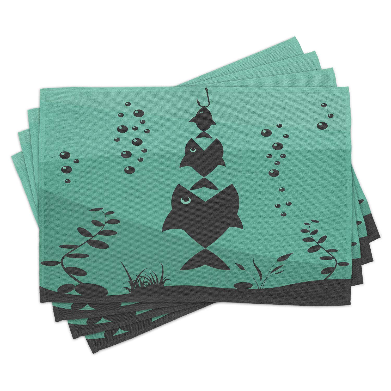 Ambesonne Fishing Placemats Set of 4 - Underwater Ocean Theme with Big Fish Eating Small Fish Design - Washable Fabric Place Mats for Dining Room & Kitchen Table Decor in Teal Grey - Perfect for Seafood Restaurants, Beach House Decor, and Nautical Themed Parties