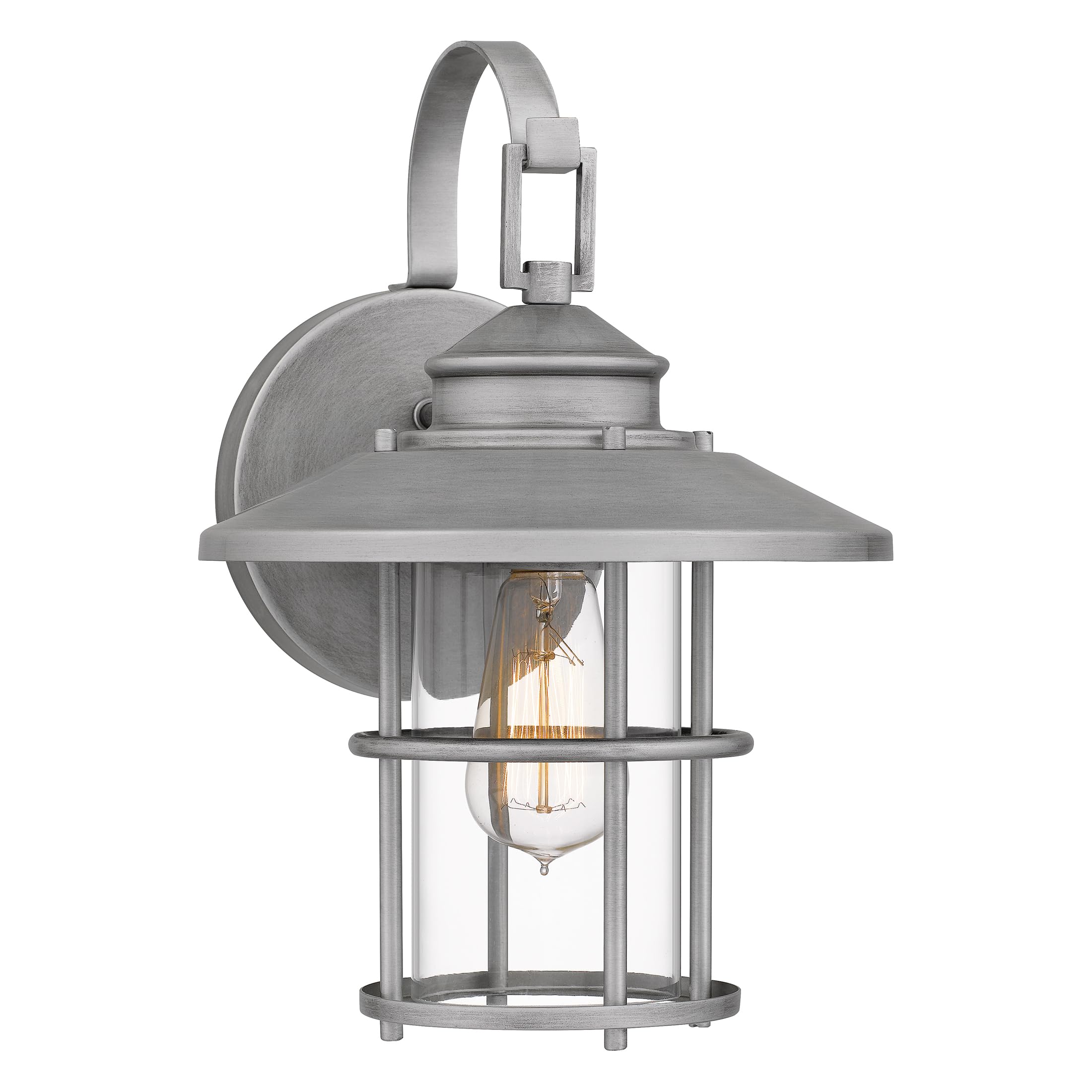 Quoizel Lombard Vintage Outdoor Wall Lantern - 14 Inch Coastal Armour Antique Brushed Aluminum Wall Sconce with Clear Glass, 100W Transitional Exterior Light for Patio, Porch, Garage, Yard & Garden Decor | Weather-Resistant Outdoor Lighting for Coastal Homes and Rustic Farmhouse Styles