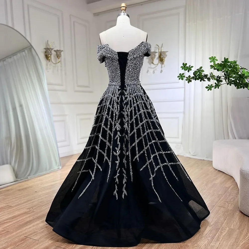 Serene Hill Elegant Black Beaded A-Line Evening Gown 2025 | Off-Shoulder Luxury Long Party Dress for Women | Perfect for Galas, Weddings & Formal Events - LA72224