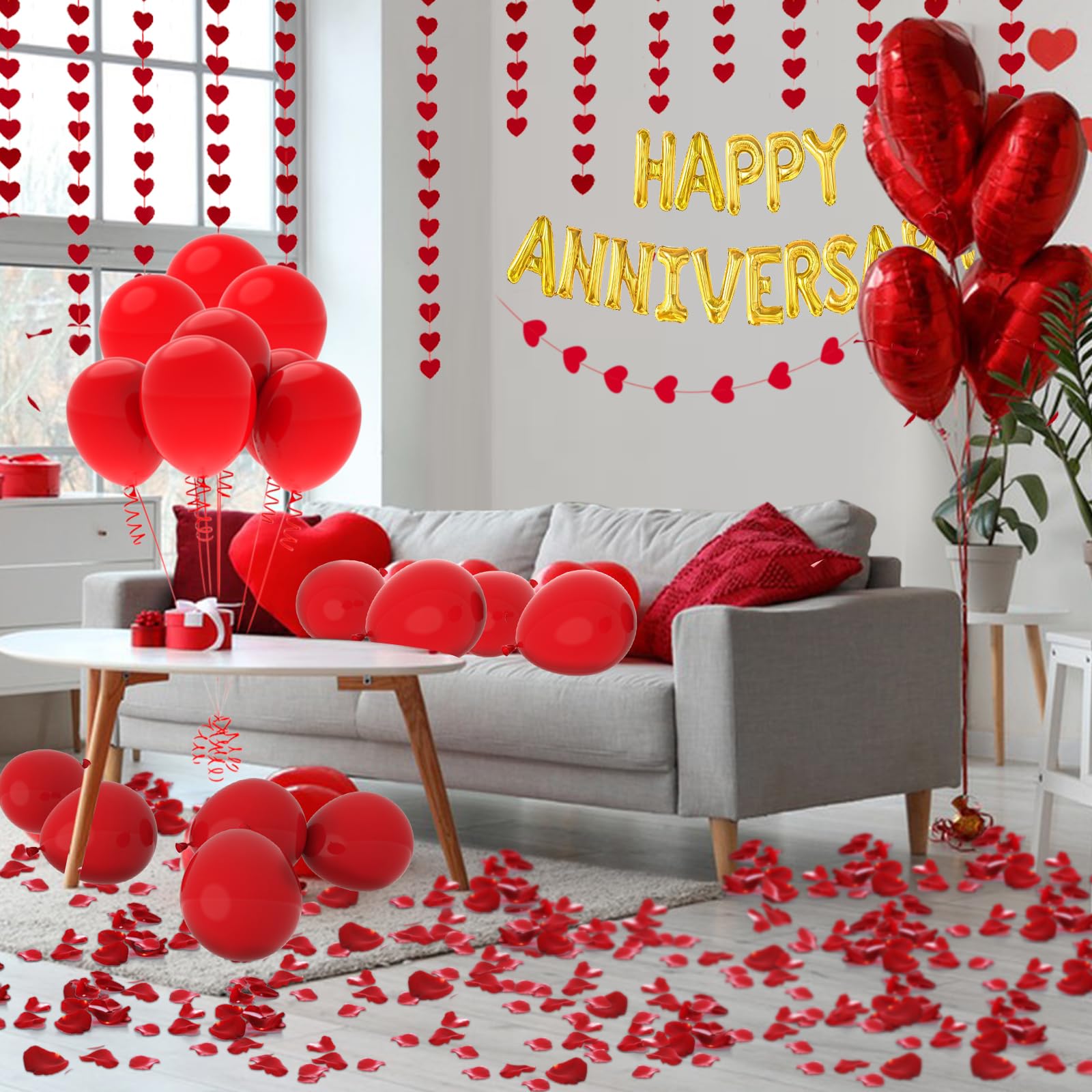 Happy Anniversary Balloons & Red Felt Garland - Romantic Party Decorations for Wedding, Bridal Shower, Anniversary Celebrations - Includes String Hearts, Red Balloons & Silk Rose Petals - Perfect for Indoor/Outdoor Party Decor