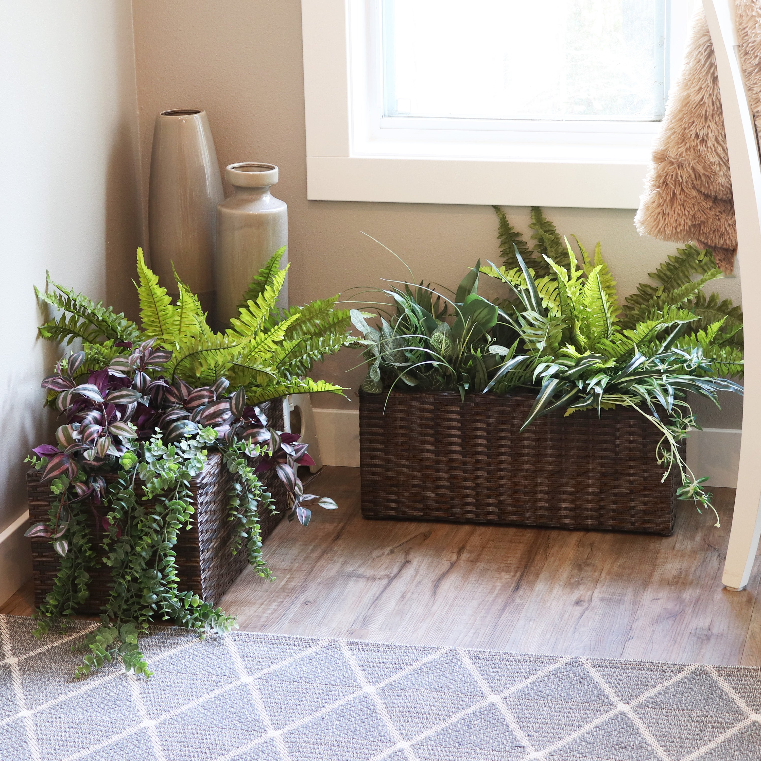Sunnydaze 2-Piece Indoor Rectangle Planter Set - Durable Poly Rattan Plant Pots for Home Decor, Living Room, Office & Patio Plants