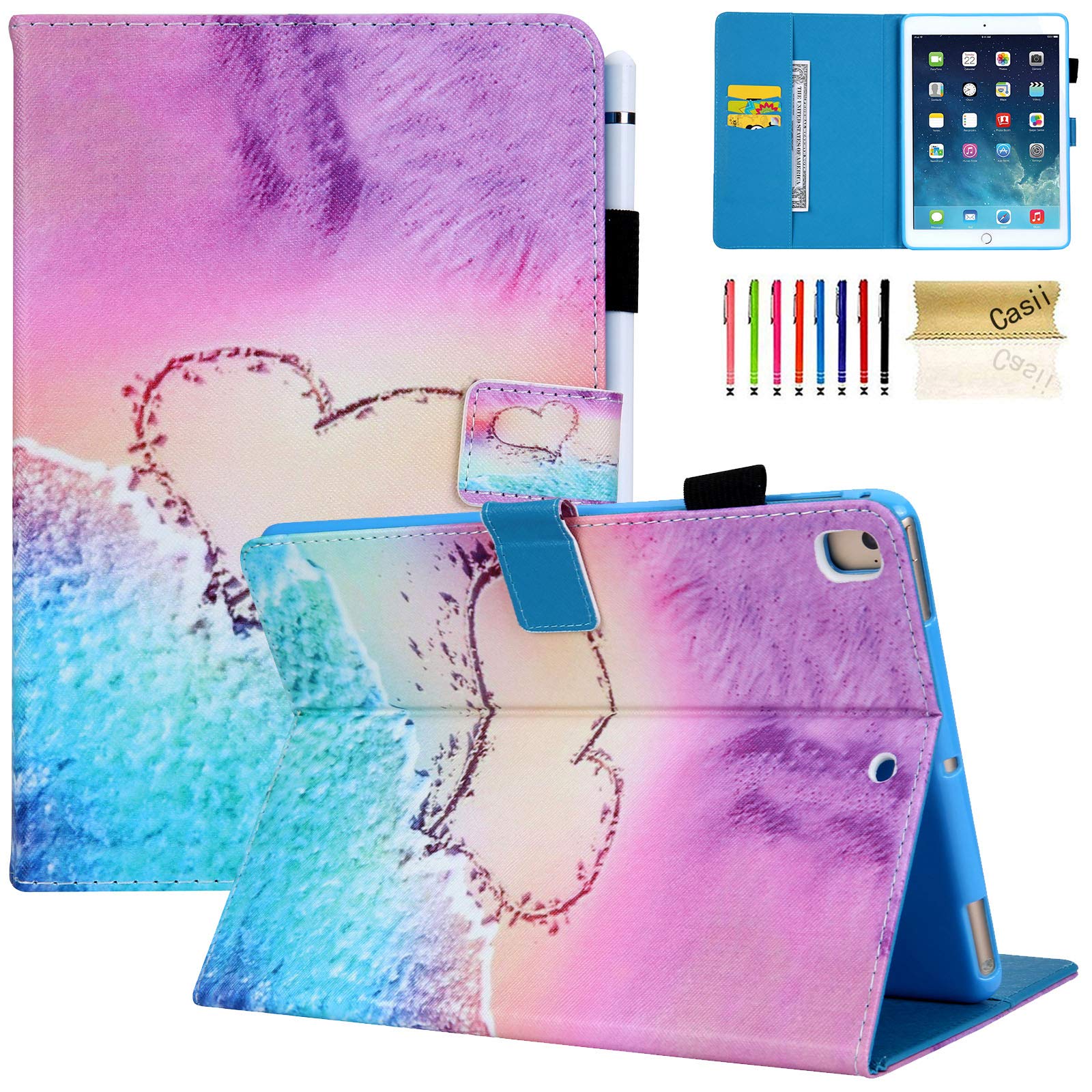 Premium iPad 9.7 Inch Case - Slim Lightweight Protective Cover with Auto Wake/Sleep for iPad 5th/6th Generation, iPad Air 1/2 (2018/2017 Model) - Cute Heart Beach Design - Perfect for Work, School & Travel