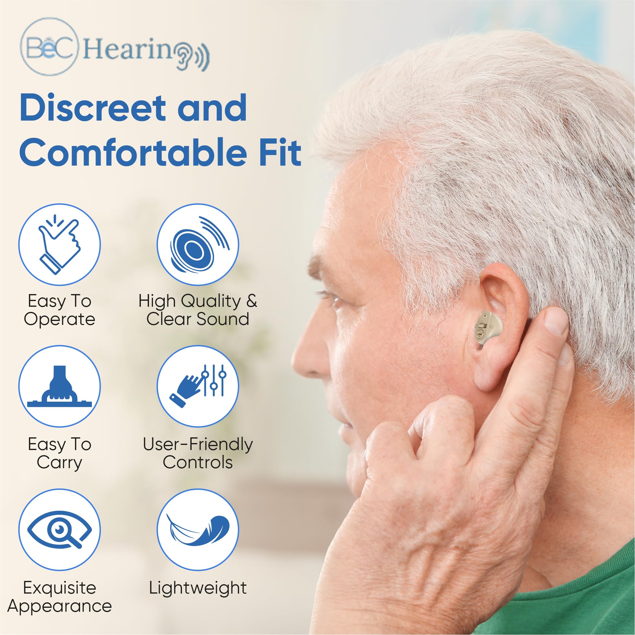 Rechargeable Hearing Aids for Seniors - 2X In-the-Ear (ITE) Amplifier with Noise Reduction, Discreet Skin-Tone Design & Long Battery Life - Perfect for TV Watching, Conversations & Outdoor Activities