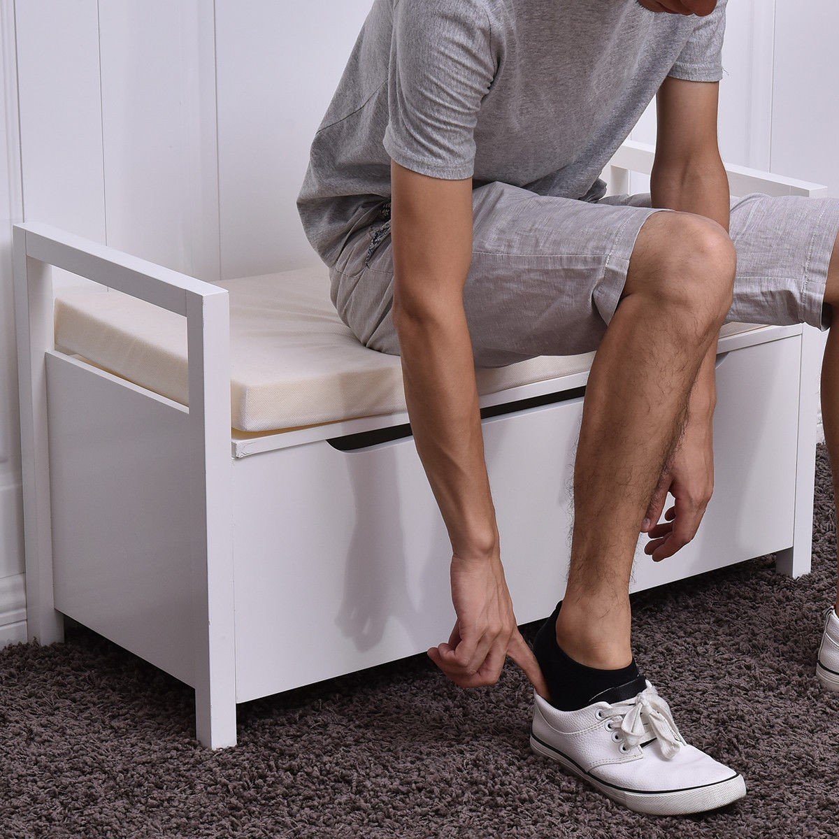 Modern Shoe Bench with Cushioned Seat - Elegant Entryway Storage Rack for Hallway, White Home Decor Furniture | Perfect for Small Spaces, Mudroom Organization & Shoe Storage Solution