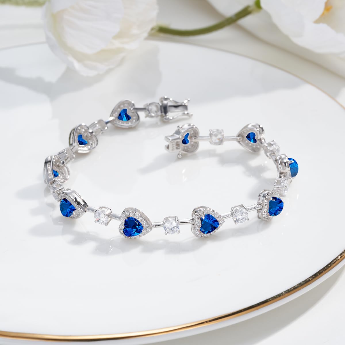 Birthstone Tennis Bracelet for Women - Sterling Silver Heart Charm Fine Jewelry | Perfect Birthday, Anniversary & Mother's Day Gift (18cm) | Elegant for Weddings, Parties & Everyday Wear