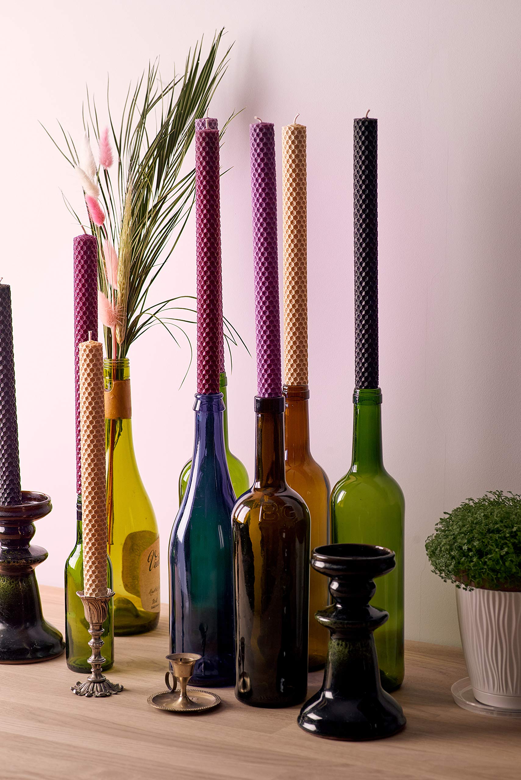 Premium 8-Pack Natural Pure Beeswax Taper Candles - Eco-Friendly Handmade Dripless Candles for Home Decor, Romantic Dinners, Church Ceremonies & Special Events (Black, Lavender, Purple, Ivory, 10.2
