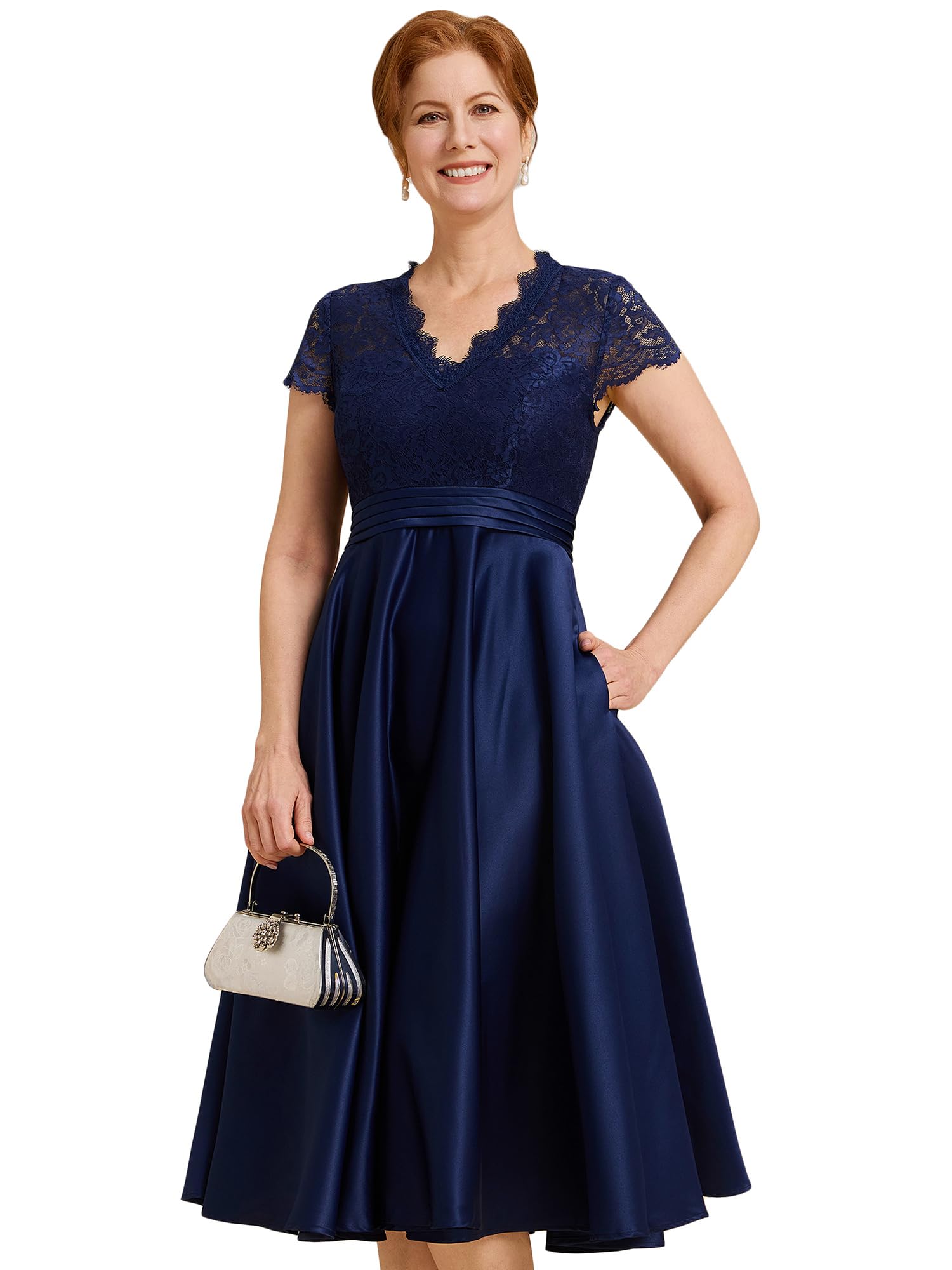 Ever-Pretty Women's A-Line Lace Wedding Dress with V-Neck & Pleated Skirt - Sheer Cocktail Party Gown for Bridal Shower, Evening Events & Special Occasions