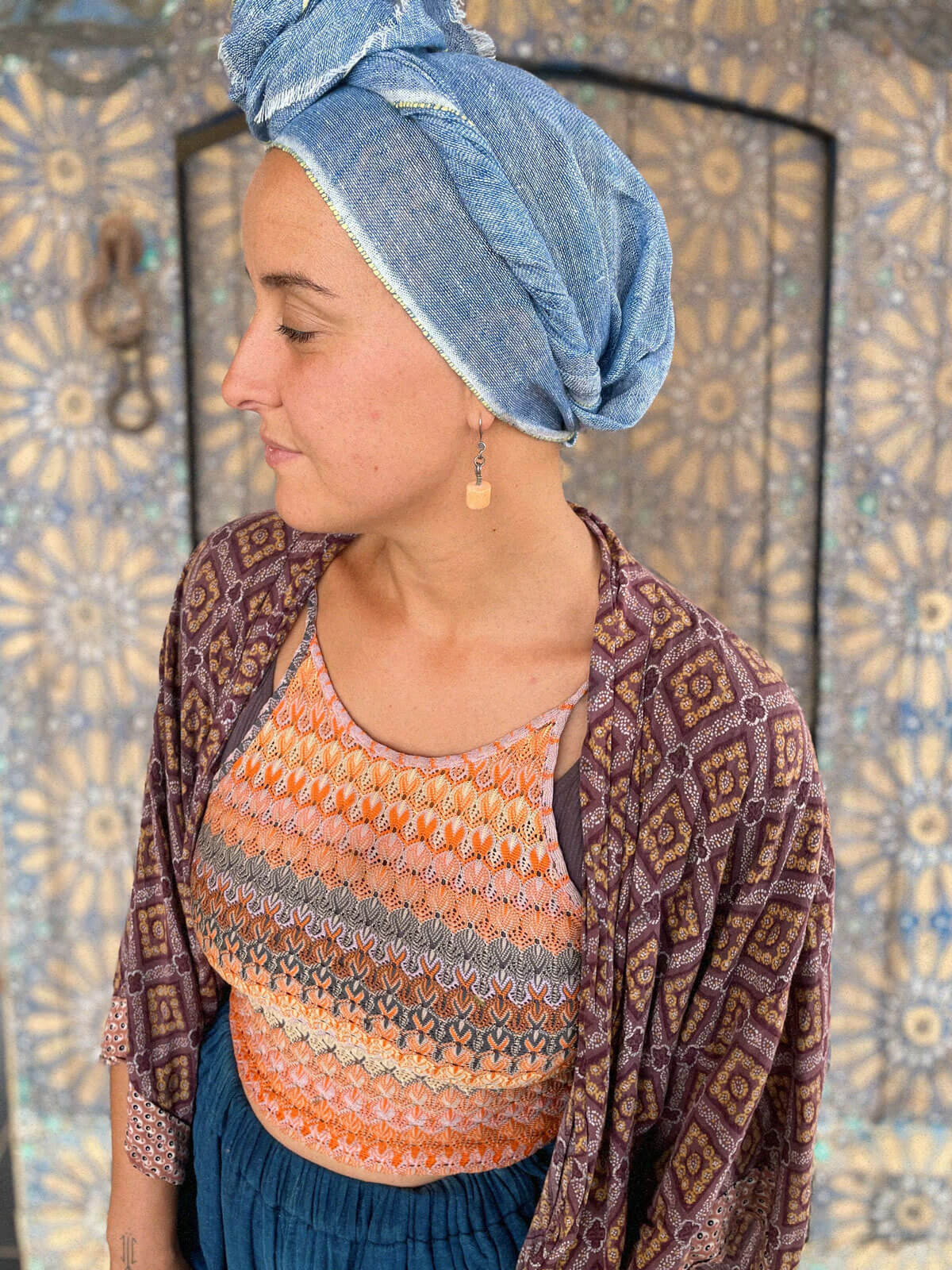 Premium Linen Scarf - Soft & Breathable Indigo & Lemon Striped Wrap - Perfect for Travel, Office & Casual Outfits