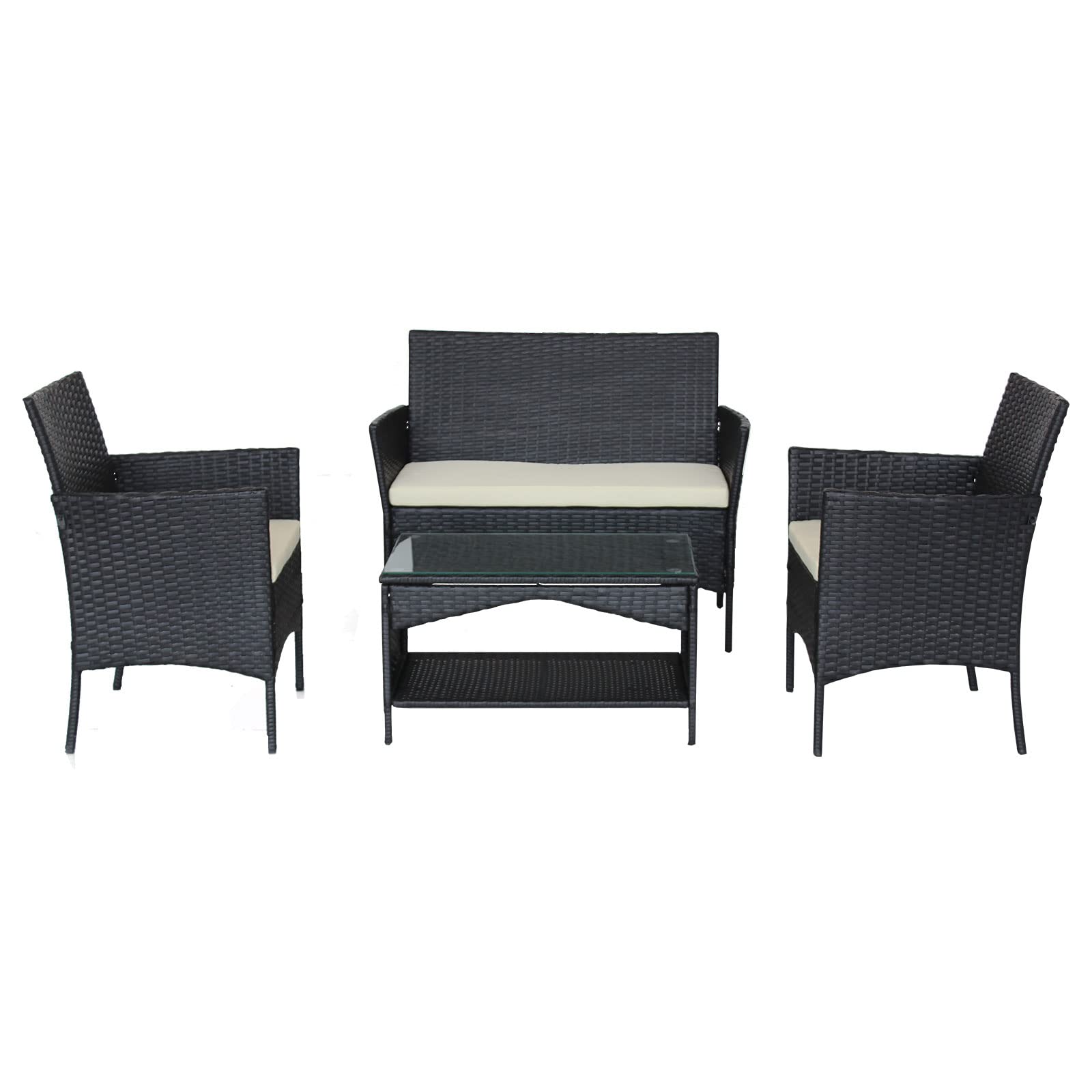4-Piece Black PE Rattan Patio Furniture Set with Removable Cushions & Coffee Table - Outdoor Conversation Set for Garden, Poolside, Porch, Backyard, Balcony - Perfect for Relaxing & Entertaining Guests