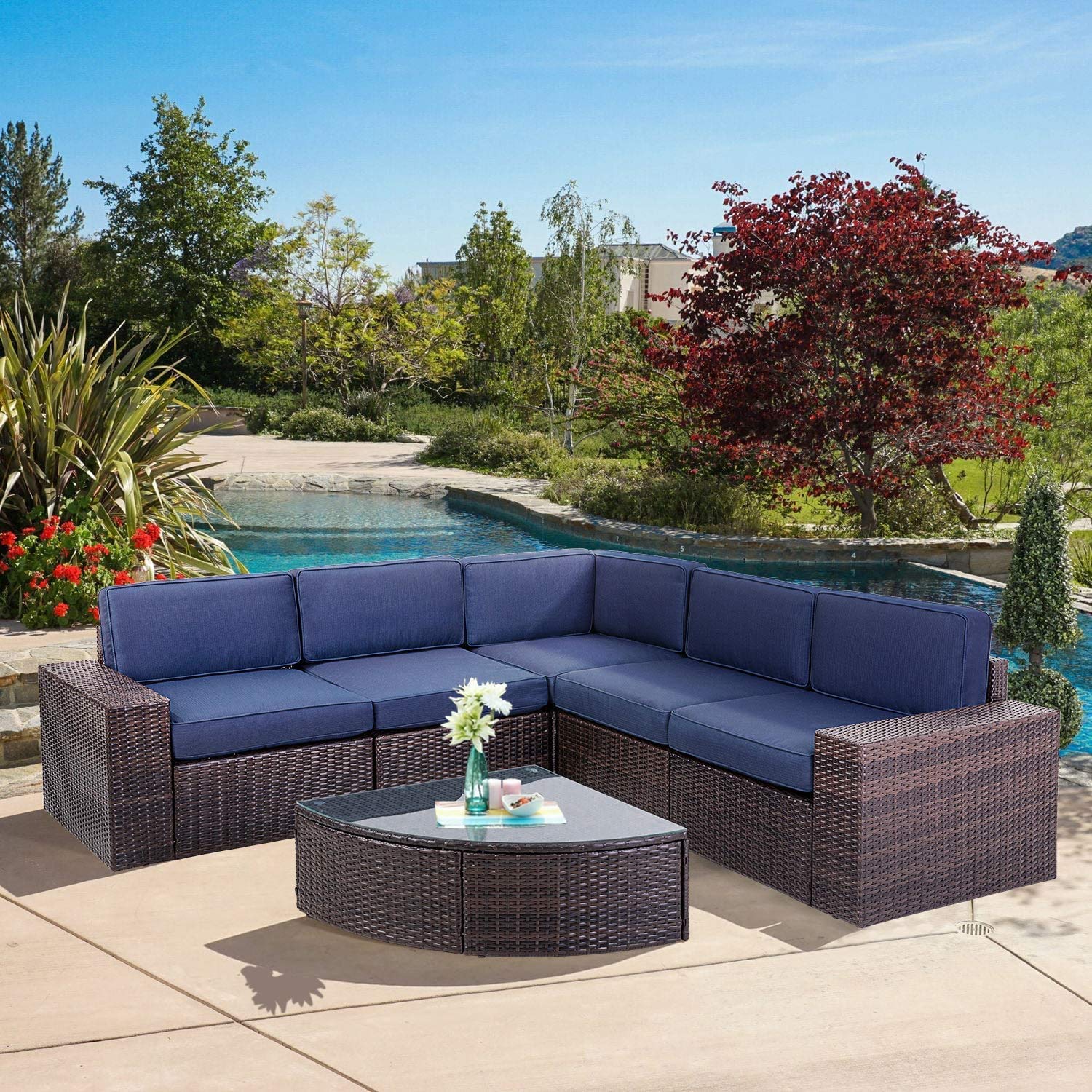 Oakmont Outdoor Patio 6-Piece Furniture Set - Durable Rattan Wicker Sectional Sofa with Tempered Glass Table & Dark Blue Cushions - Perfect for Backyard, Garden, Poolside or Deck Relaxation