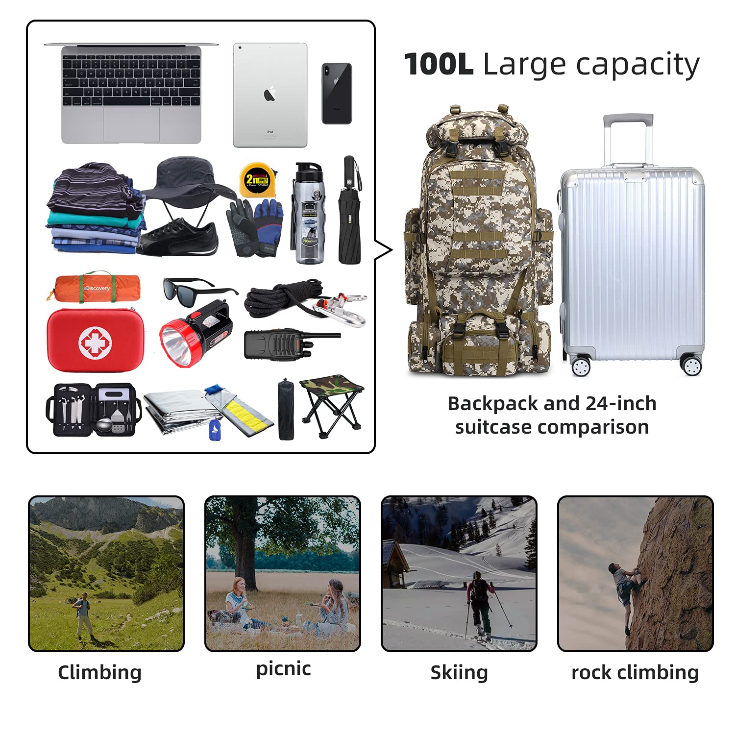 100L Waterproof Lightweight Camping & Hiking Backpack - Molle Military Tactical Rucksack for Outdoor Adventures, Travel & Survival Gear (City Camo) - Perfect for Camping Trips, Hiking Expeditions and Tactical Missions