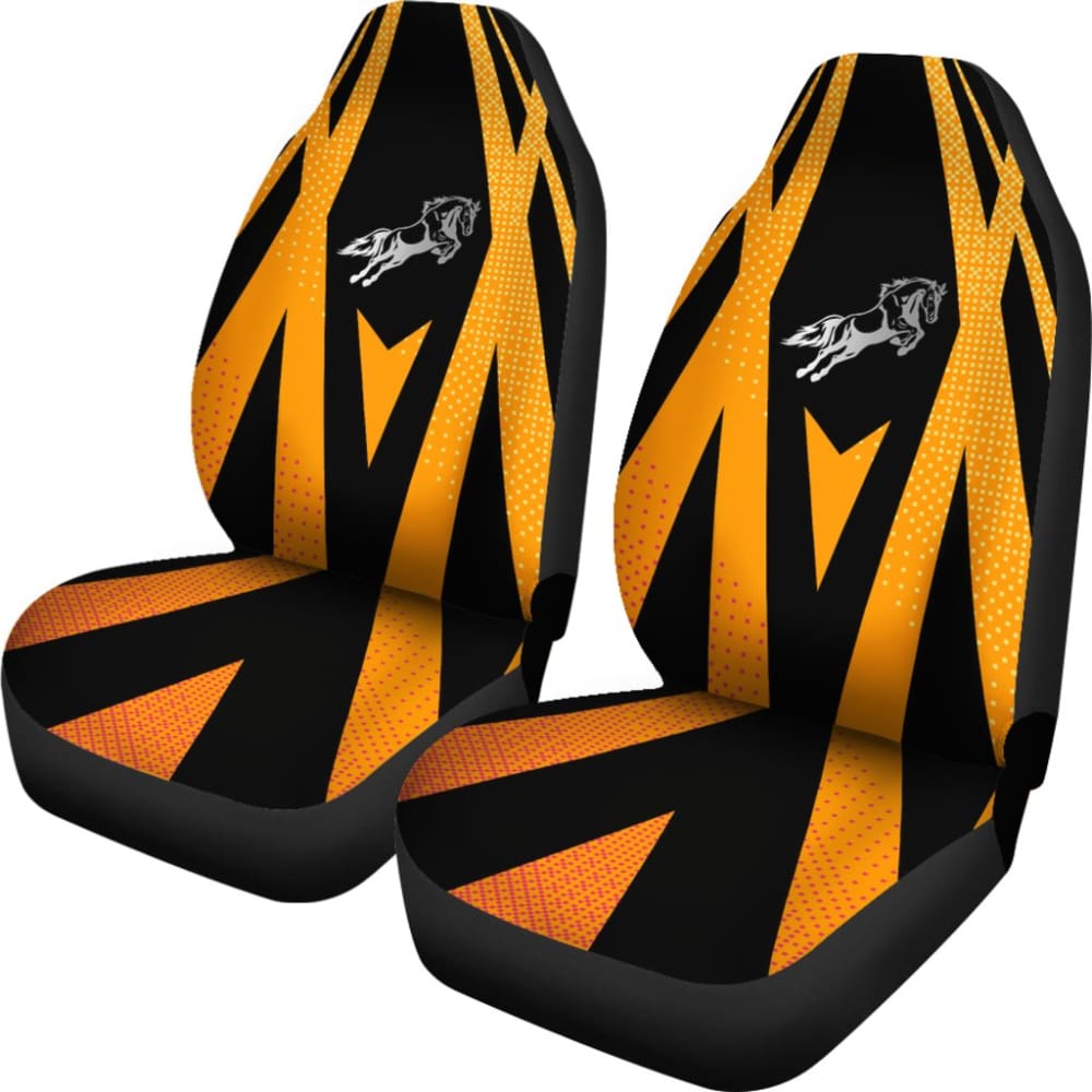 Premium Black & Orange Mustang Horse Custom Metallic Print Car Seat Covers - Durable & Stylish for Ford Mustang (2015-2023 Models) - Perfect for Car Enthusiasts, Gifts & Auto Accessories Upgrades