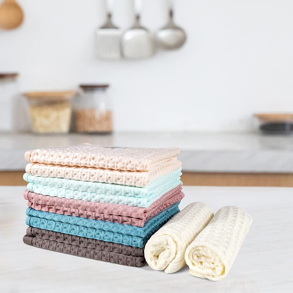 Premium 12-Pack Cotton Waffle Weave Dish Towels | 13x13 Inch Absorbent Kitchen Towels for Drying & Washing Dishes | Mix Color Dishcloths | Ideal for Daily Kitchen Use, Dish Drying & Counter Cleaning