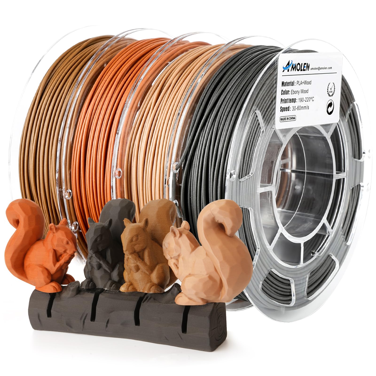 AMOLEN 3D Printer Wood PLA Filament Bundle - 1.75mm, 200g x 4 Spools (Walnut, Cherry, Bamboo, Ebony) for Creative 3D Printing Projects, Home Decor & DIY Crafts