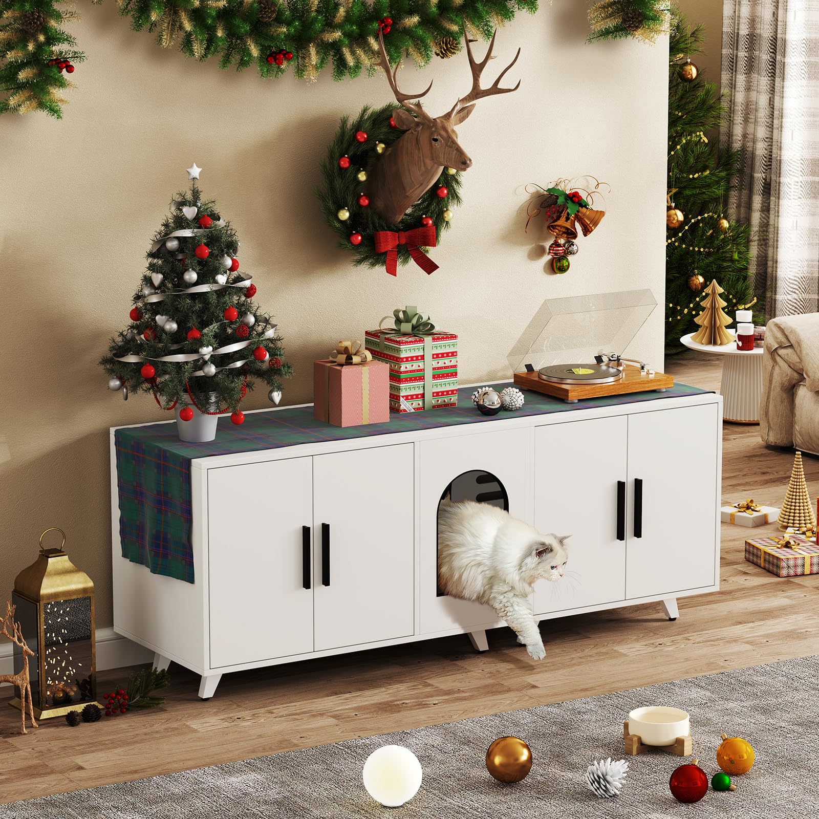 Large Cat Litter Box Enclosure Furniture for 2 Cats - Dual Storage Cabinet with Scratching Mat & Toy Ball - White - Perfect for Indoor Cat Owners & Small Spaces