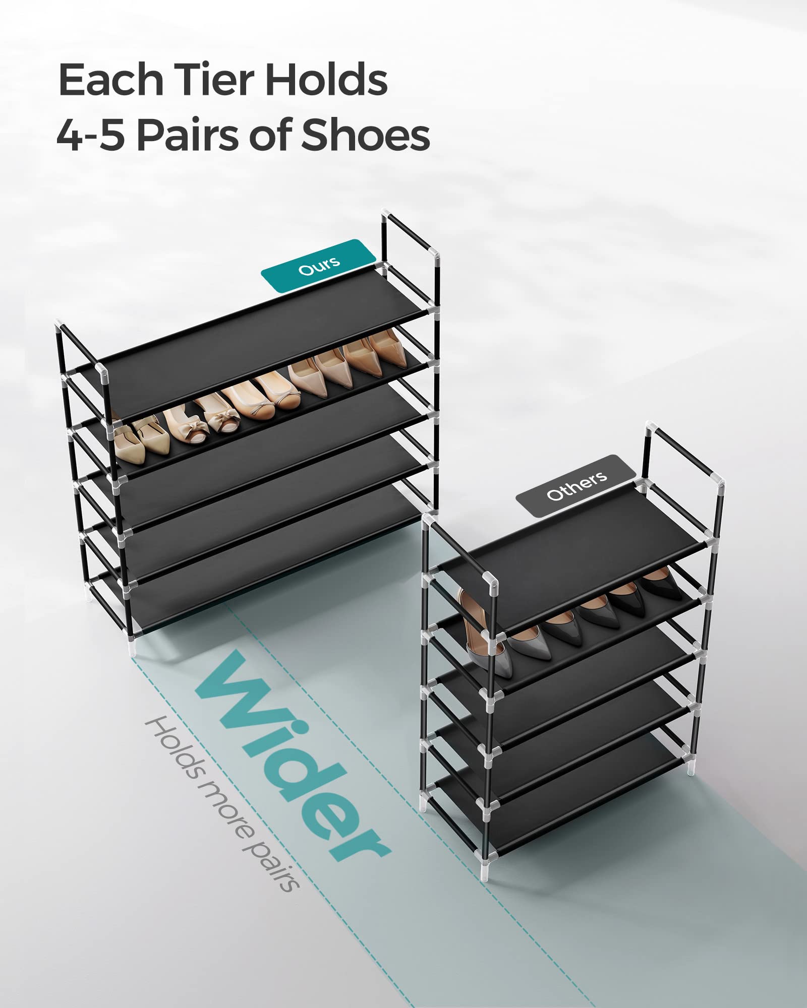 SONGMICS 5-Tier Shoe Rack Organizer - Space Saving Metal Frame Shoe Storage with Non-Woven Fabric Shelves for Hallway, Closet, Entryway - Black (ULSH55H) - Perfect for Small Spaces & Apartment Living
