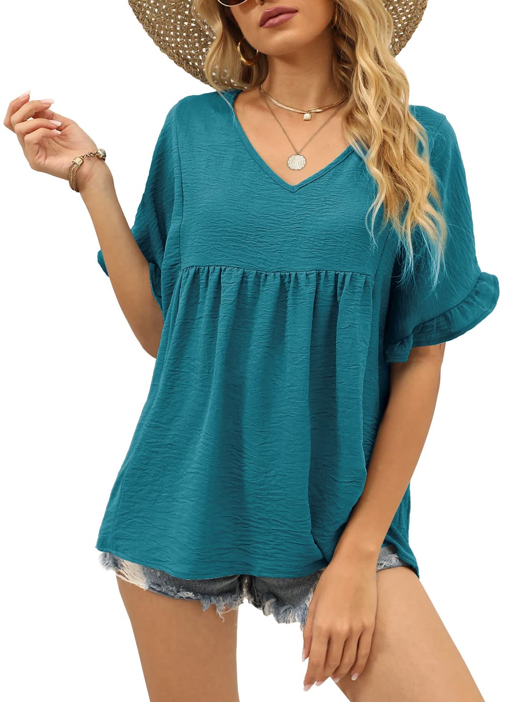 WIHOLL Women's Casual V-Neck Ruffle Sleeve T-Shirt | Loose Fit Babydoll Peplum Top for Summer | Perfect for Office, Date Night & Weekend Outings