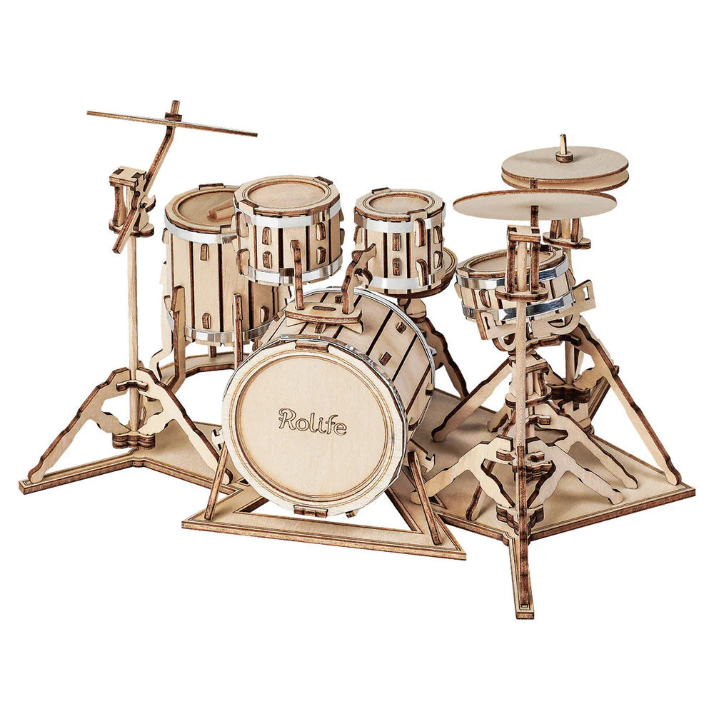 ROBOTIME DIY Drum Kit Model Building Kit - 3D Wooden Puzzle for Adults & Teens - Perfect for Music Lovers, STEM Education, and Home Decor