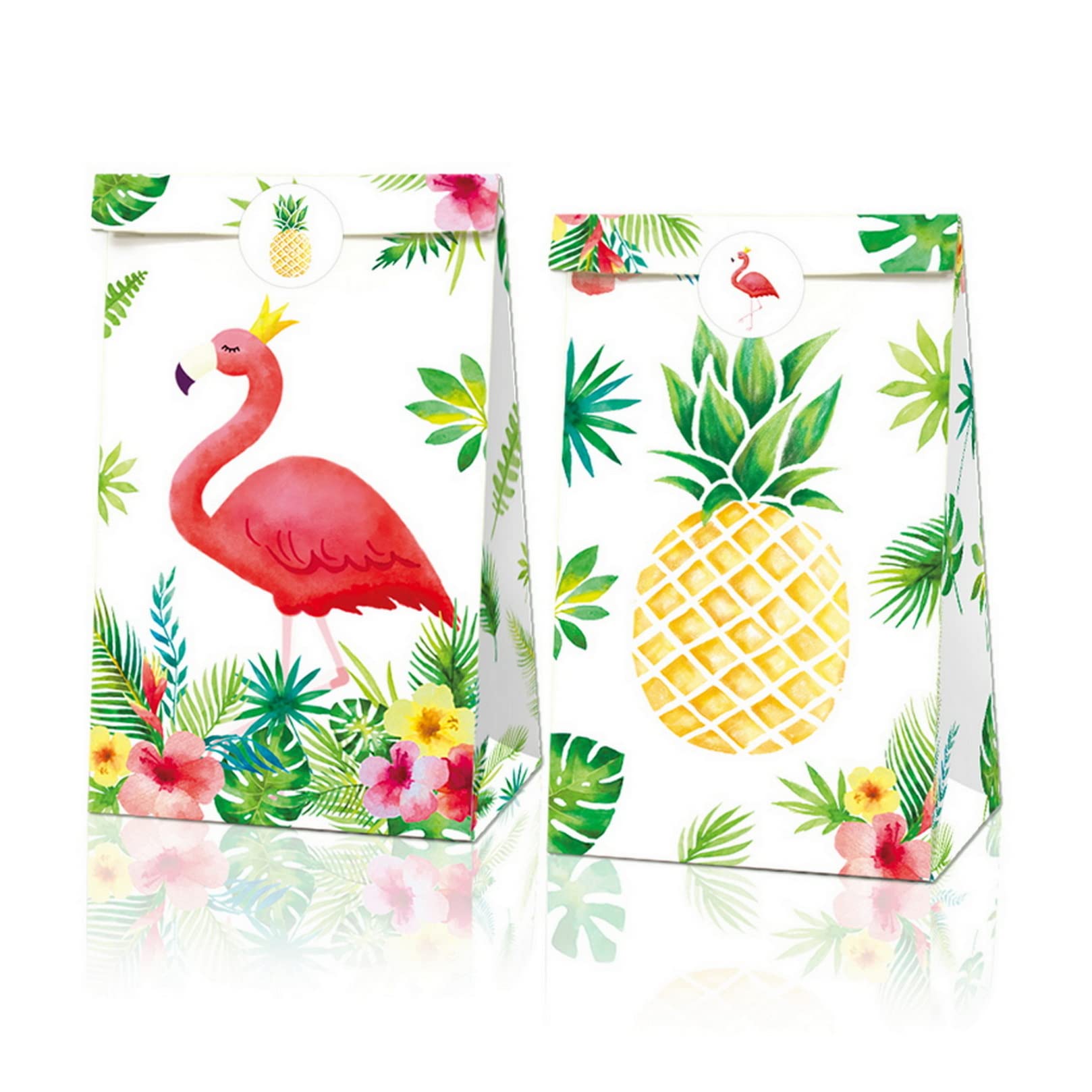 COSFAN 12 Pack Hawaiian Party Gift Bags - Tropical Flamingo & Pineapple Themed Goodie Bags for Candy & Treats | Perfect for Luau, Birthday, Beach & Summer Party Favors | Includes Decorative Stickers