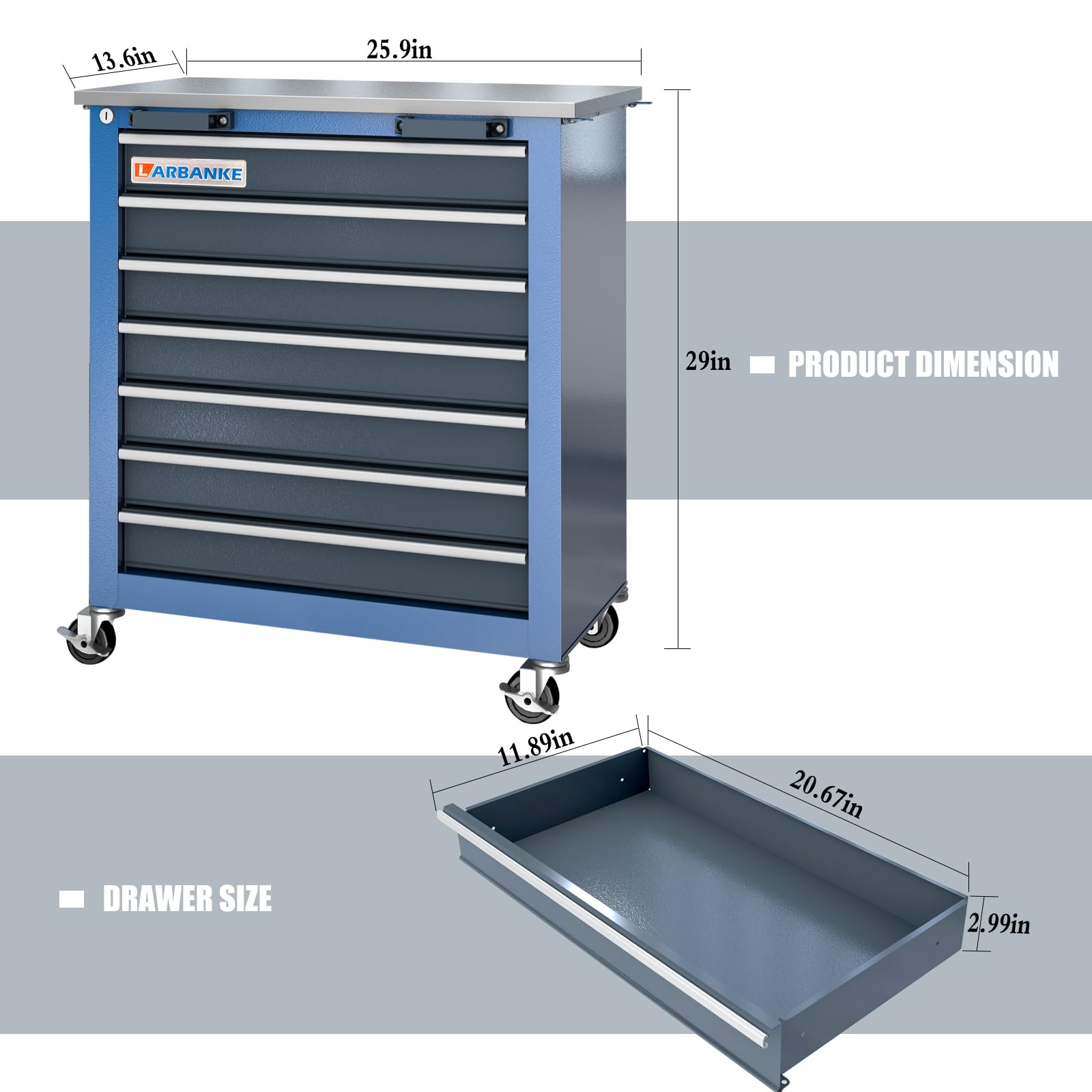 7-Drawer Rolling Toolbox with 360° Lockable Wheels & Padded Feet - Heavy Duty Tool Chest with Keyed Lock System & Drawer Liners - Expandable Storage System for Garage, Workshop & Professional Use
