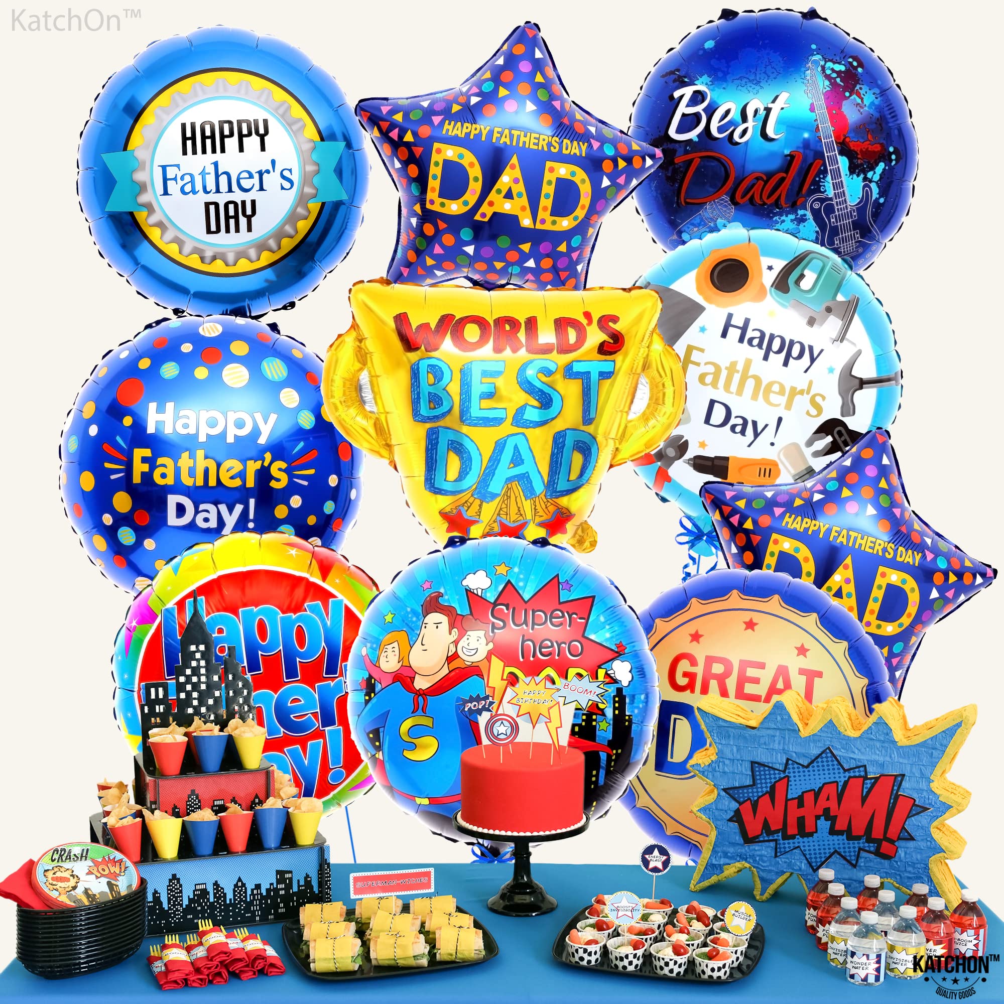 KatchOn Happy Father's Day Balloons - Pack of 10 Large Foil Balloons for Dad | Super Hero Dad & Trophy Balloons for Father's Day Party Decorations | Perfect for Backdrops, Home Decor, and Birthday Celebrations