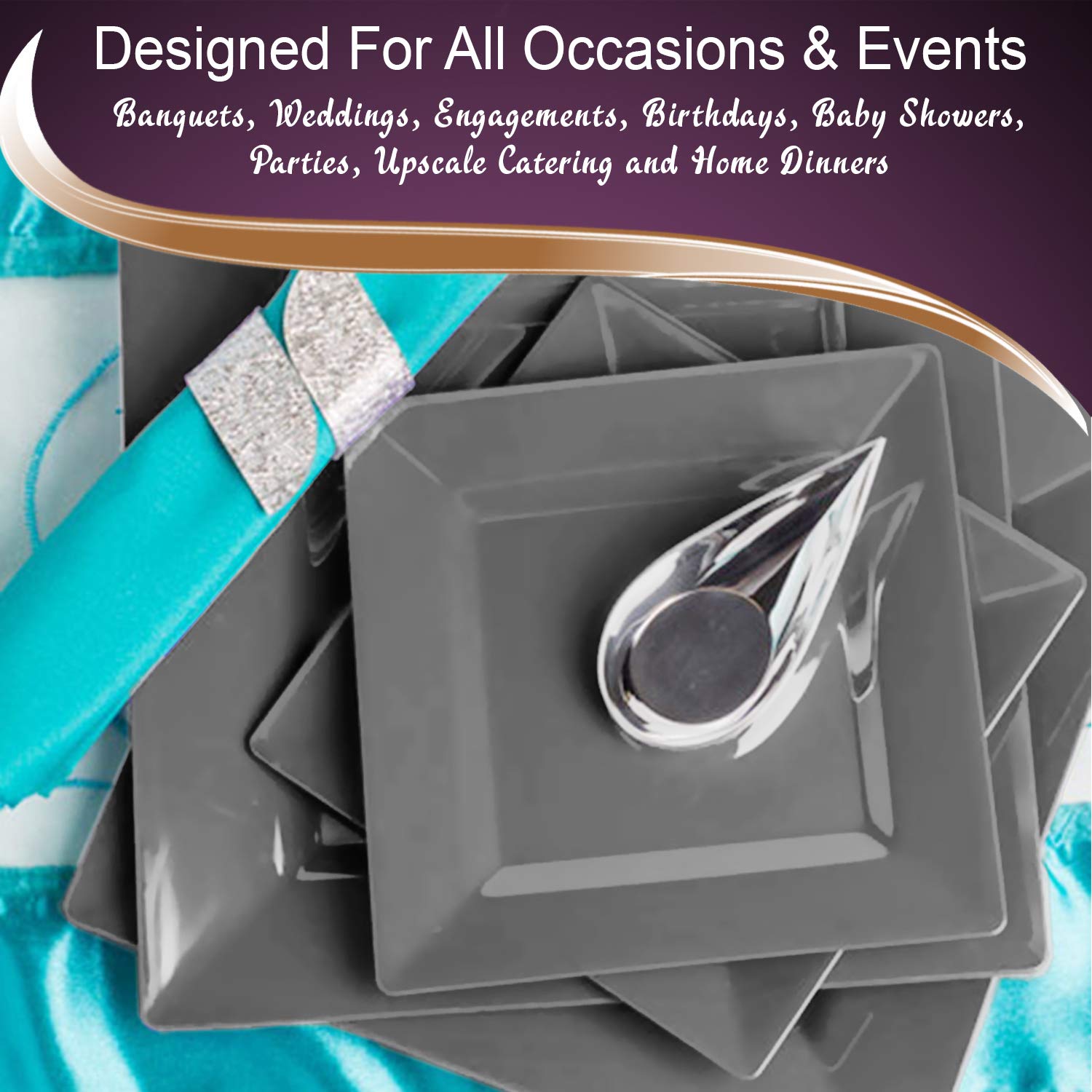 Elegant Disposable Plastic Dinner Plates - 120 Heavy Duty Square Silver Party Plates (9.5 Inch) - Premium Plastic Tableware for Weddings, Birthdays, Catering & Special Events