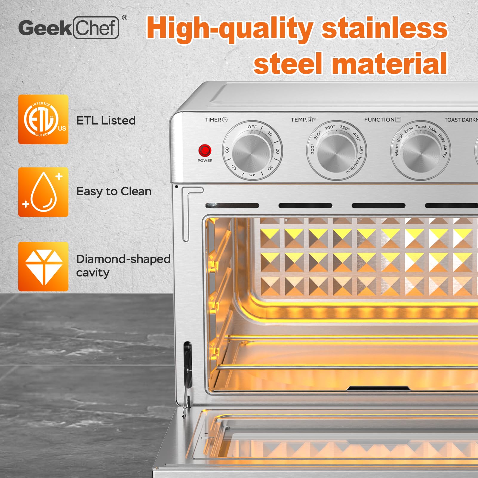 Geek Chef 26 QT Air Fryer Oven - Large Capacity Toaster Oven with Bake, Roast & Pizza Functions | 6-Slice Toaster | Stainless Steel Design | Easy to Use & Clean | Perfect for Family Cooking, Meal Prep & Healthy Air Frying