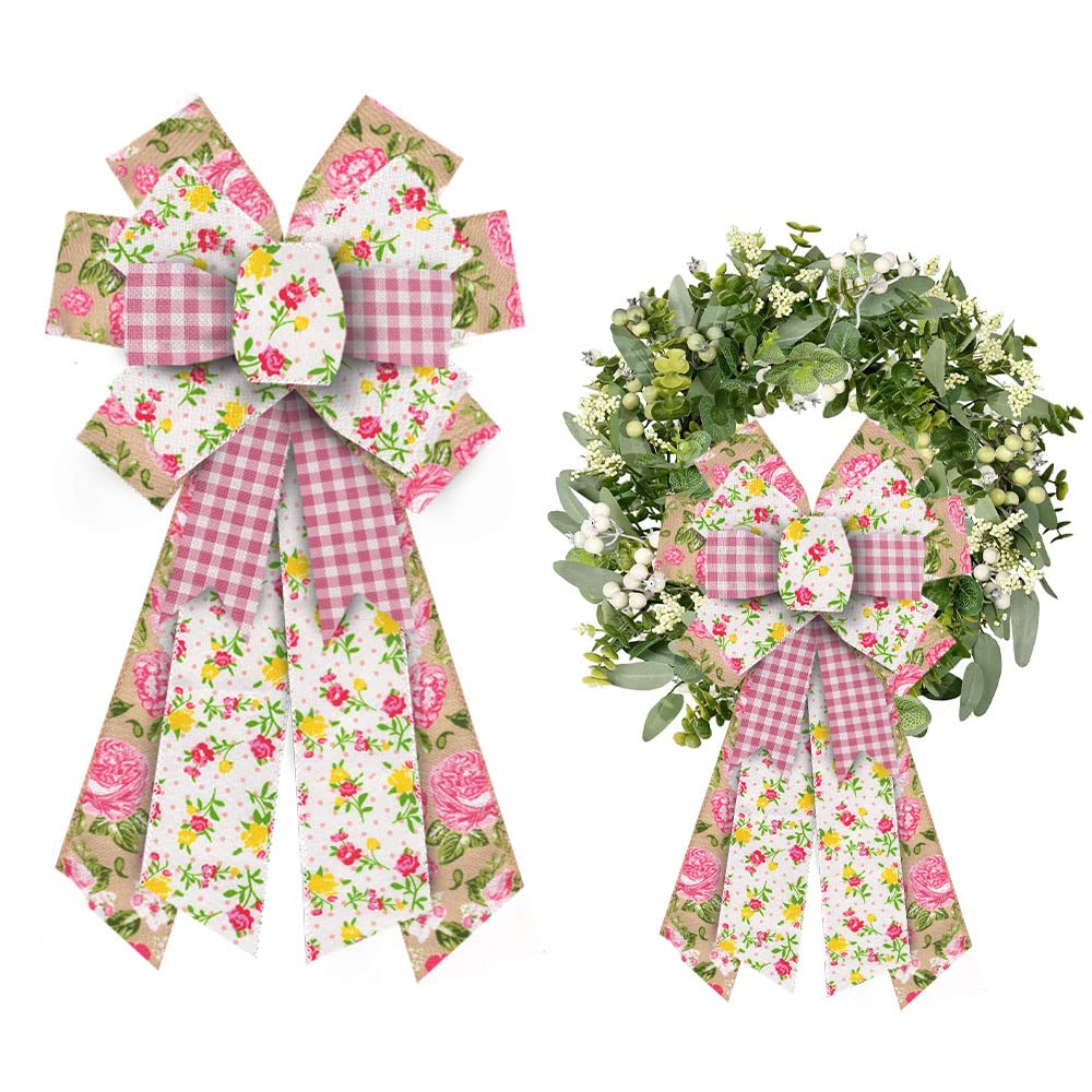 ALIBBON Large Spring Wreath Bows - Pink Buffalo Plaid Burlap for Indoor/Outdoor Decor