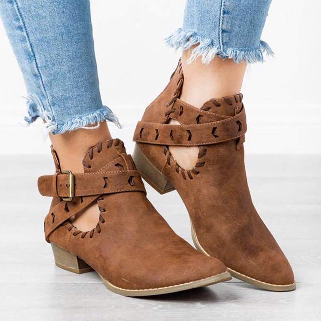 Women's Western Booties - Flat Ankle Boots with Ruffled Detail, Chunky Block Heel & Slip-On Pointed Toe | Casual & Cowgirl Style for Everyday Wear, Date Night & Country Events