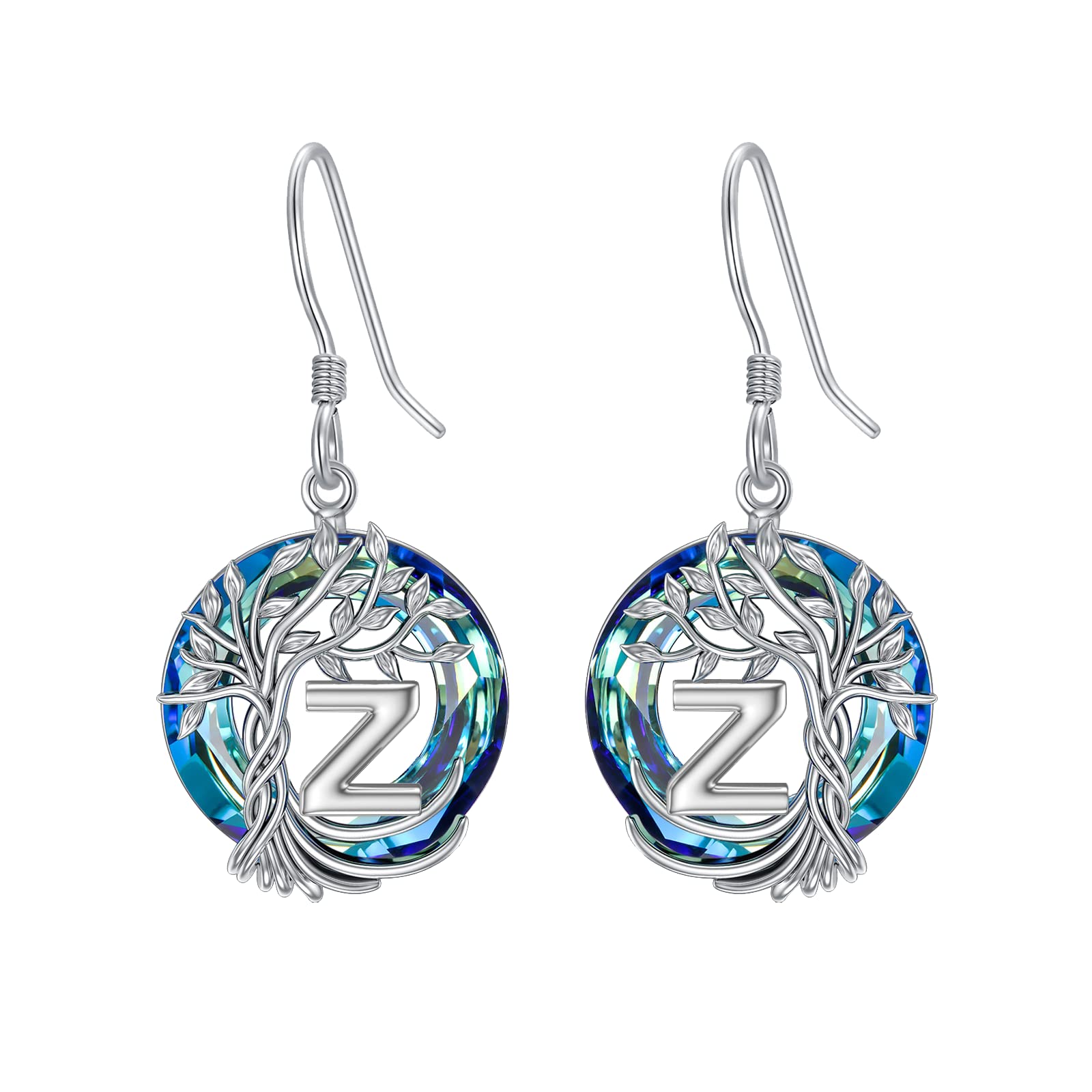 TOUPOP Tree of Life Initial Earrings - 925 Sterling Silver A-Z Letter Drop Dangle Earrings with Blue Circle Crystal | Valentine's Day, Anniversary & Birthday Gifts for Women, Girlfriend & Mom | Perfect for Date Nights, Weddings & Special Occasions