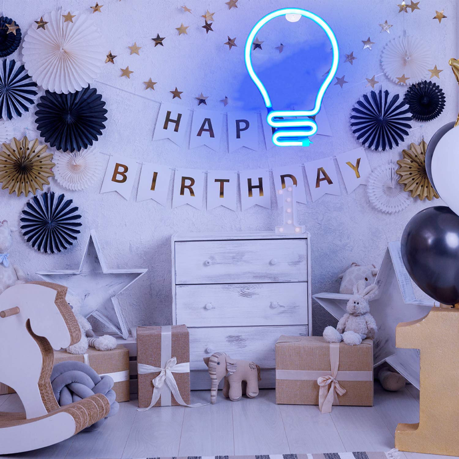 Blue LED Neon Bulb Sign - USB/Battery Operated Hanging Wall Light for Kids Room, Christmas, Birthday & Hanukkah Decor | Perfect for Bedroom, Nursery, Party & Holiday Lighting