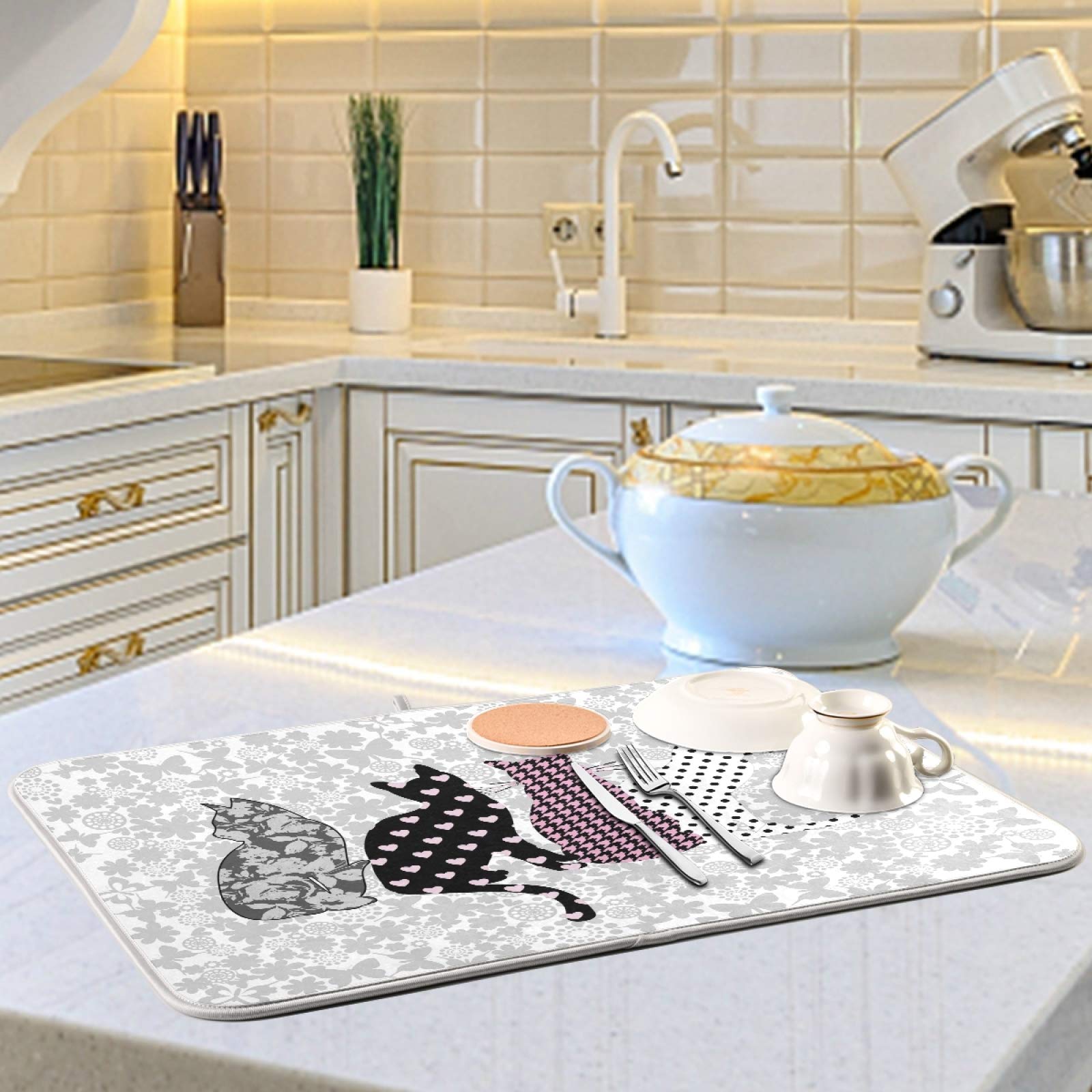 Butterfly Cat Dish Drying Mat for Kitchen Countertop - Absorbent Kitten-Themed Dish Dry Pad 18x24 Inches - Easy Clean Drainer Mat for Dishes, Cups & Utensils - Perfect Kitchen Gift for Cat Lovers & Spring Decor
