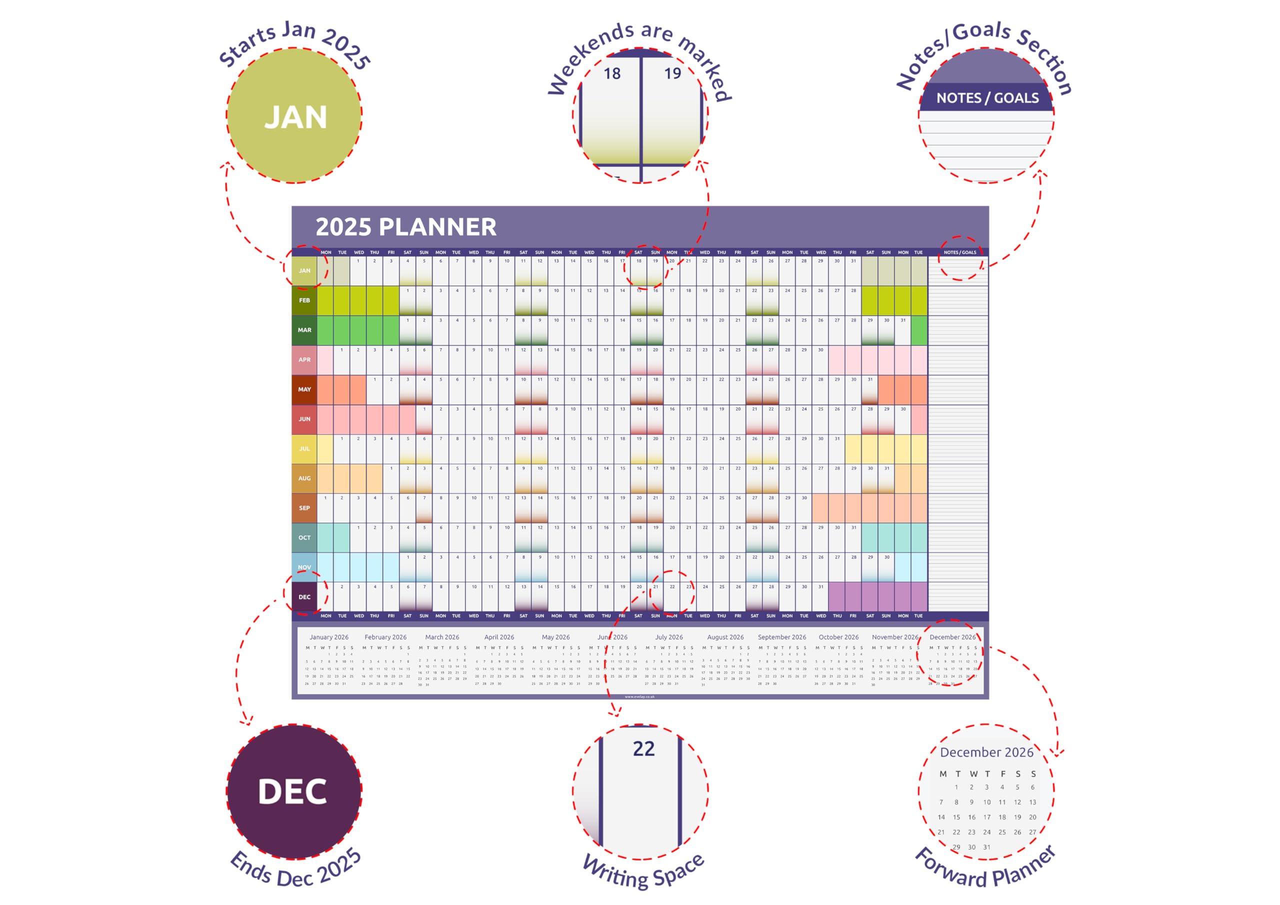 Evelay 2025 Wall Calendar Planner - Large A1 Size (84cm x 59cm) - Full Year at a Glance - Perfect for Home, Office & School Organization - Wall Decor & Productivity Tool
