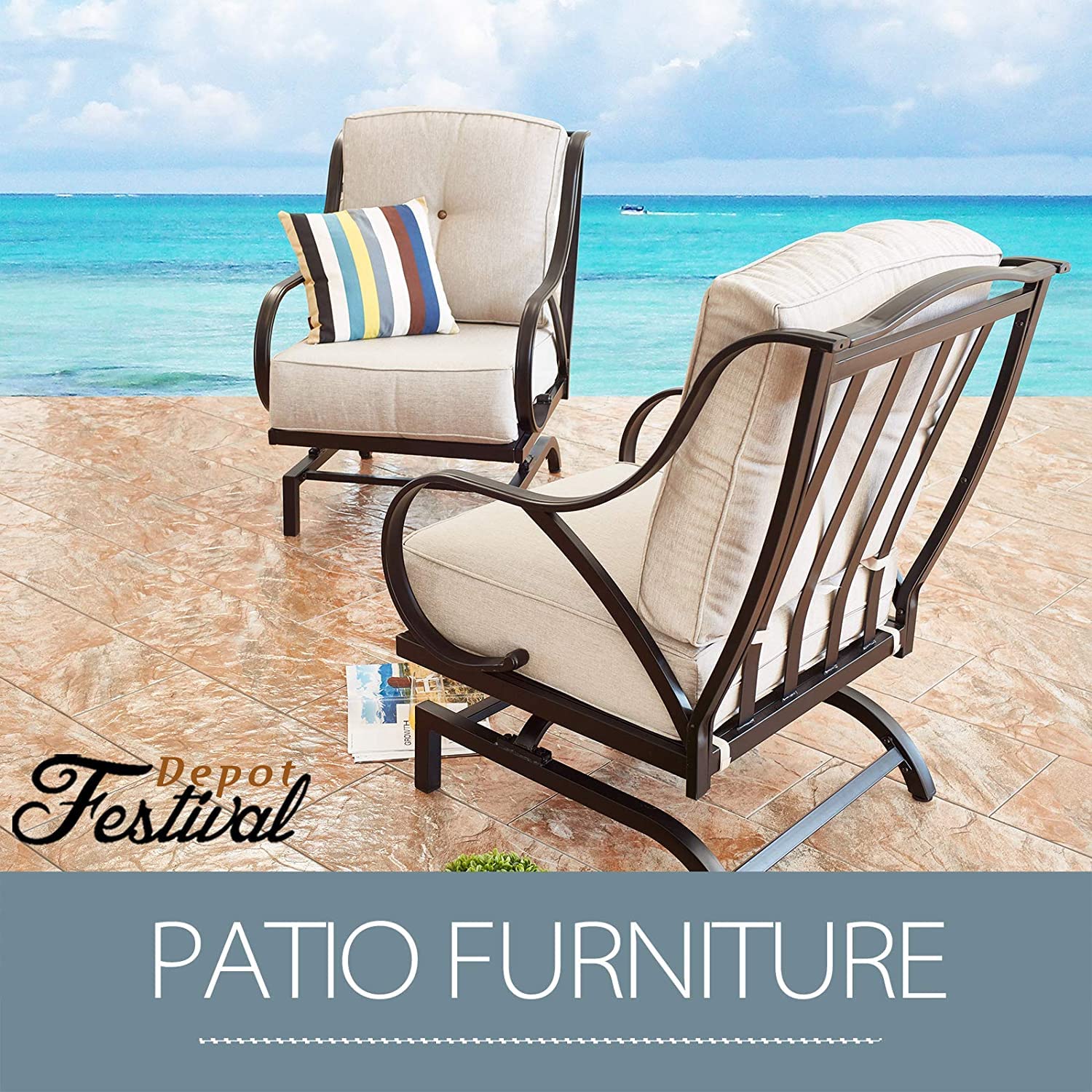 **Festival Depot 1 Patio Dining Chair with Thick Cushions - Sturdy Metal Frame Outdoor Furniture for Bistro, Deck, Garden - Beige (B-PF19110-W) - Perfect for Relaxing, Entertaining, and Outdoor Dining**
