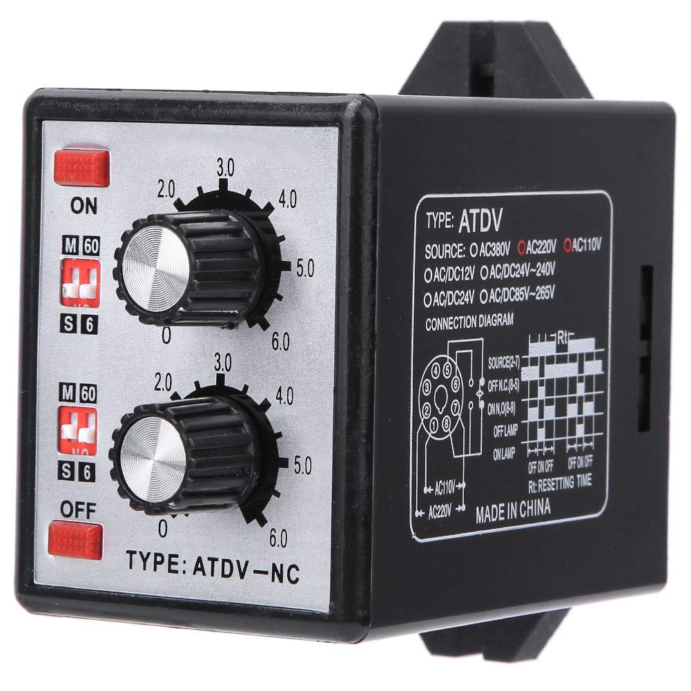 Oumefar AC 220V On/Off Twin Timer Relay Switch - High Precision Knob Control Timer for Circuits (ATDV-NC) - Perfect for Home Automation, Lighting Control, and Industrial Equipment