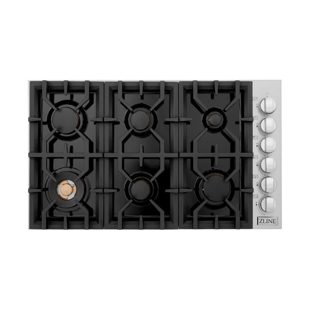 ZLINE 36 Inch Gas Cooktop with 6 Brass Burners - Black Porcelain Top (RC BR 36 PBT) - Perfect for Modern Kitchens & Professional Cooking