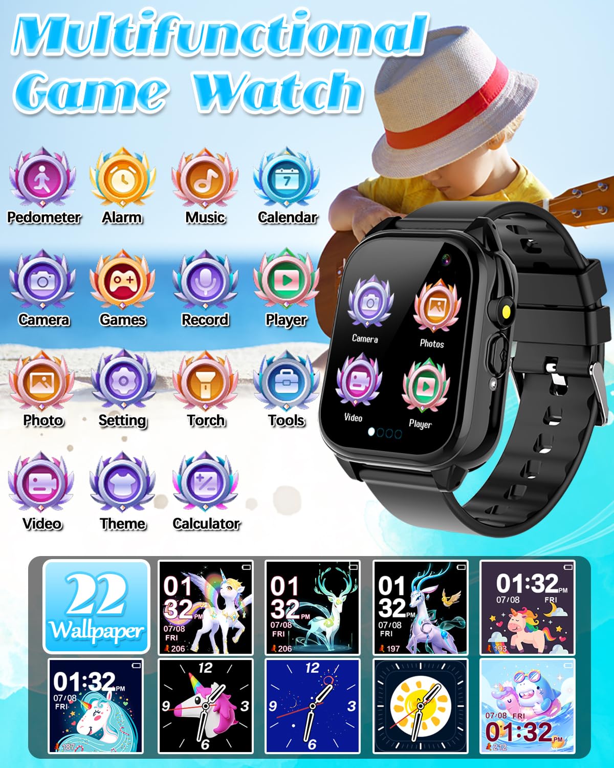 Waterproof Smart Watch for Kids 3-12 Years Old - 26 Games, HD Touchscreen, Video Camera, Pedometer, Music Player, Alarm Clock, Flashlight - Perfect Birthday Gift for Boys & Girls - Ideal for Outdoor Play, Fitness Tracking, and Daily Activities