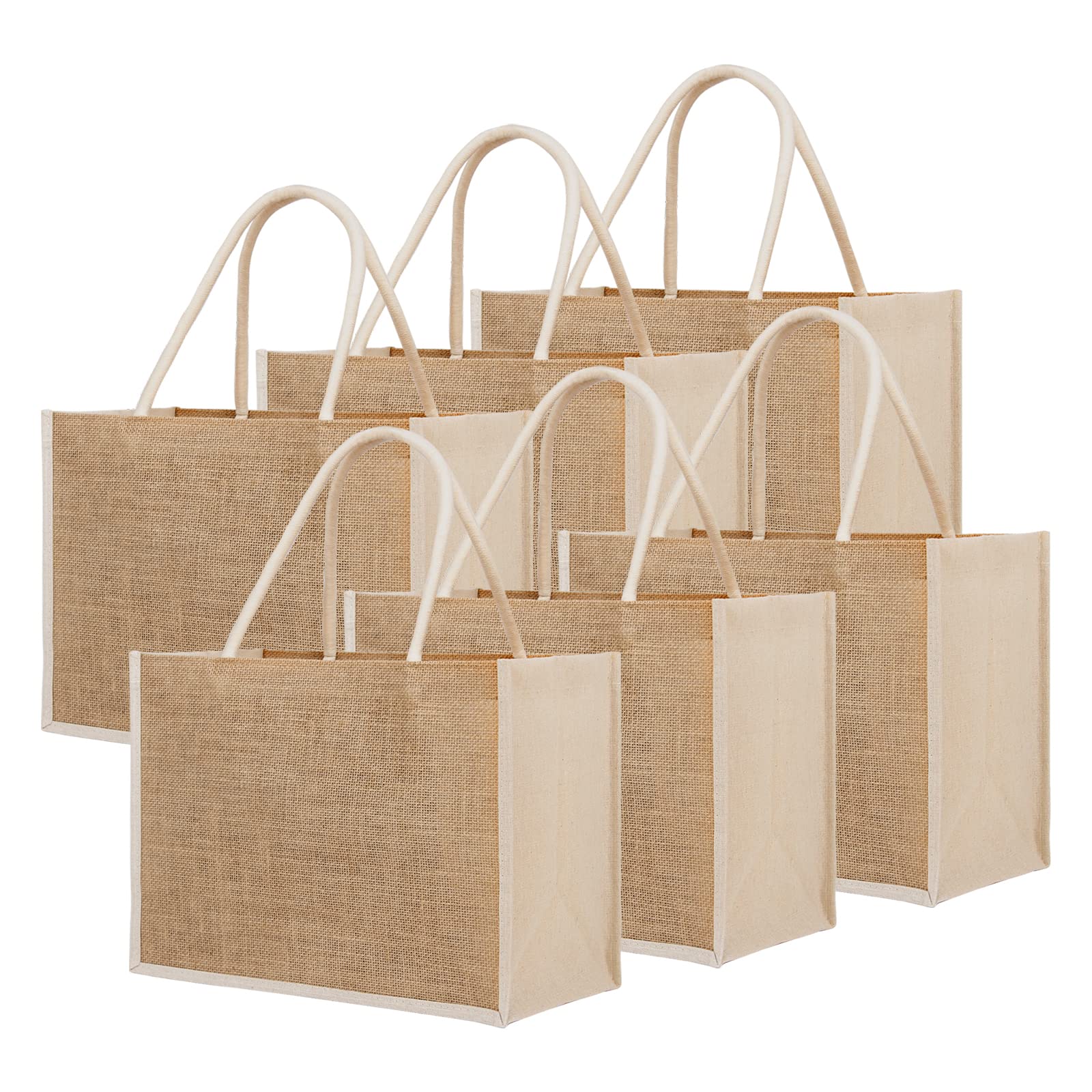 TopTie 6 Pack Eco-Friendly Jute Tote Bags - Reusable Burlap Grocery Shopping Bags & Wedding Bridesmaid Gift - Perfect for Farmers Market, Beach Trips & Sustainable Lifestyle