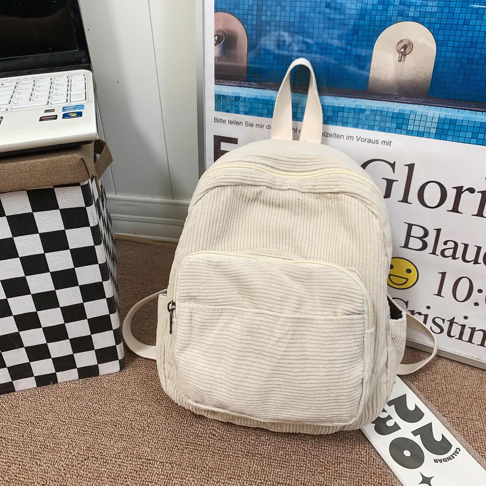 Mini Backpack for Women & Girls - Small Cute Corduroy Bookbag with Bear Pendant - Perfect for School, Travel & Daily Use - Great Gift Idea