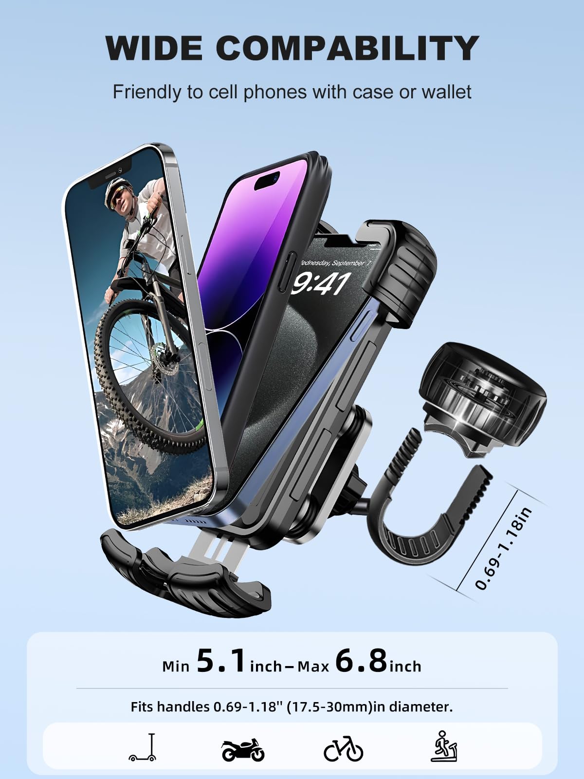 Universal Motorcycle Phone Mount Holder - Dual Vibration Dampener Bike Phone Mount for iPhone 15/14/13/12 Pro Max & 5.1-6.8