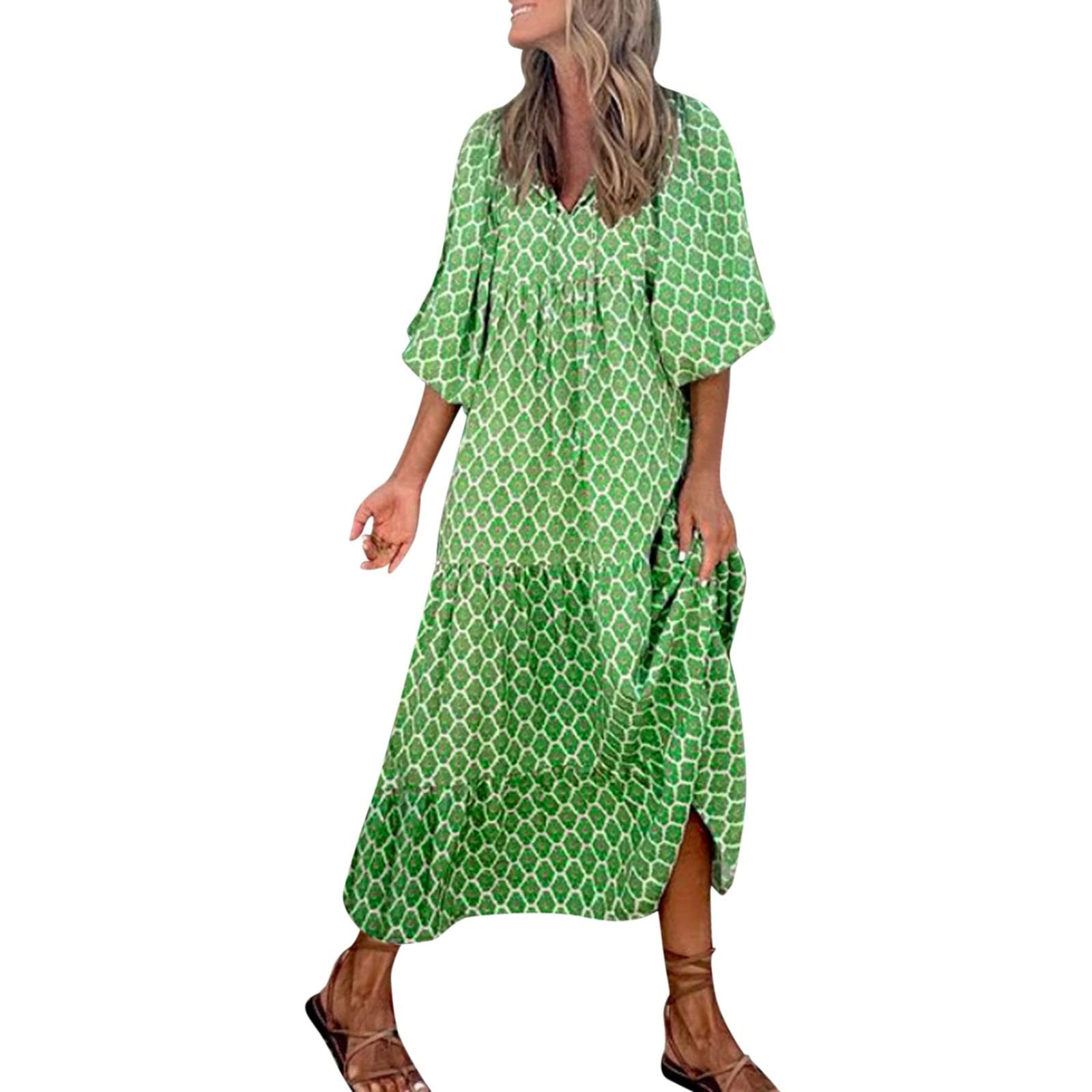 iOPQO Women's Boho Print V-Neck Half Sleeve Loose Knit Dress - Flowy Long Boho Chic Dress for Casual Wear, Beach Vacation & Summer Outfits